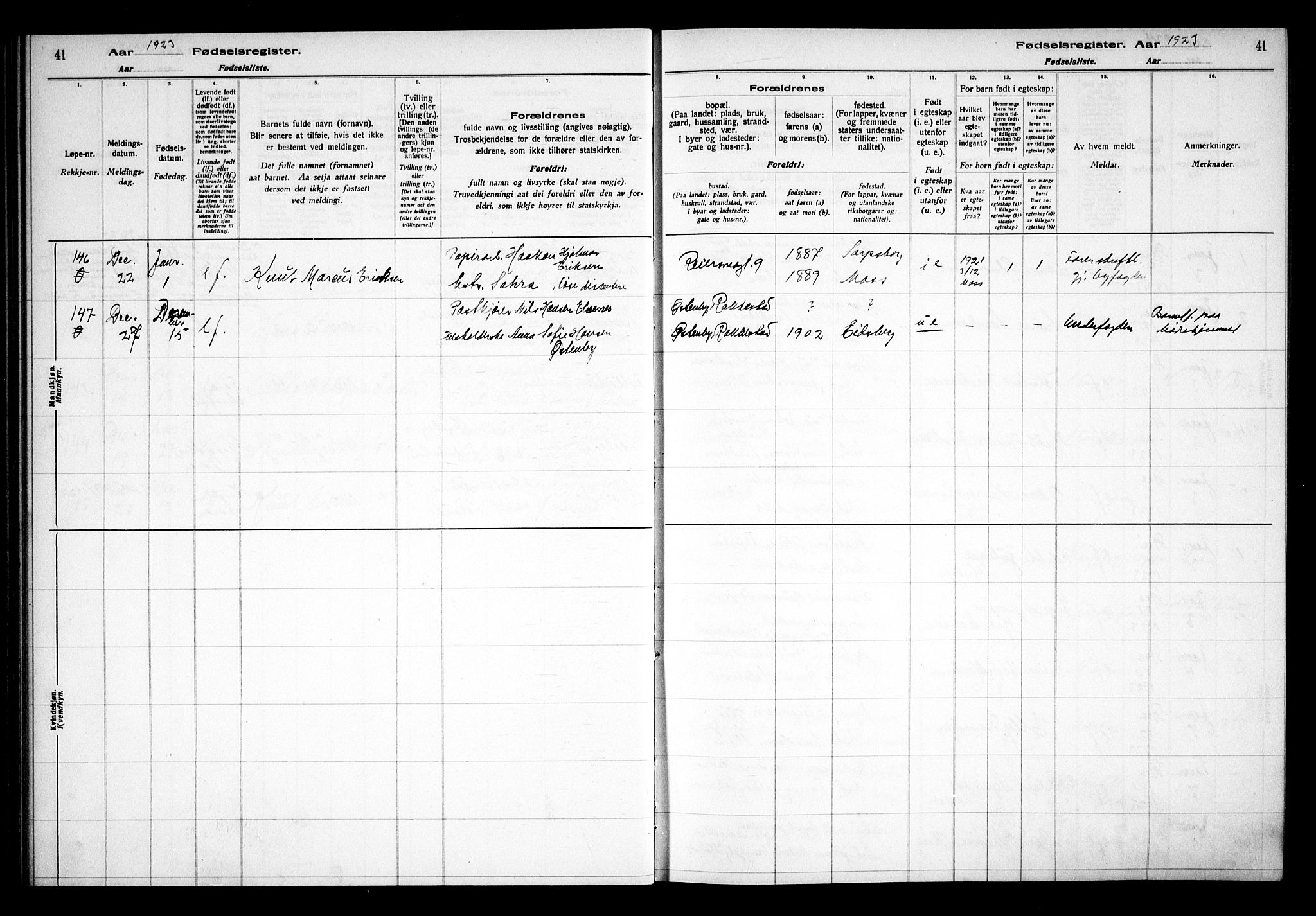 Sarpsborg prestekontor Kirkebøker, AV/SAO-A-2006/J/Ja/L0002: Birth register no. 2, 1922-1928, p. 41