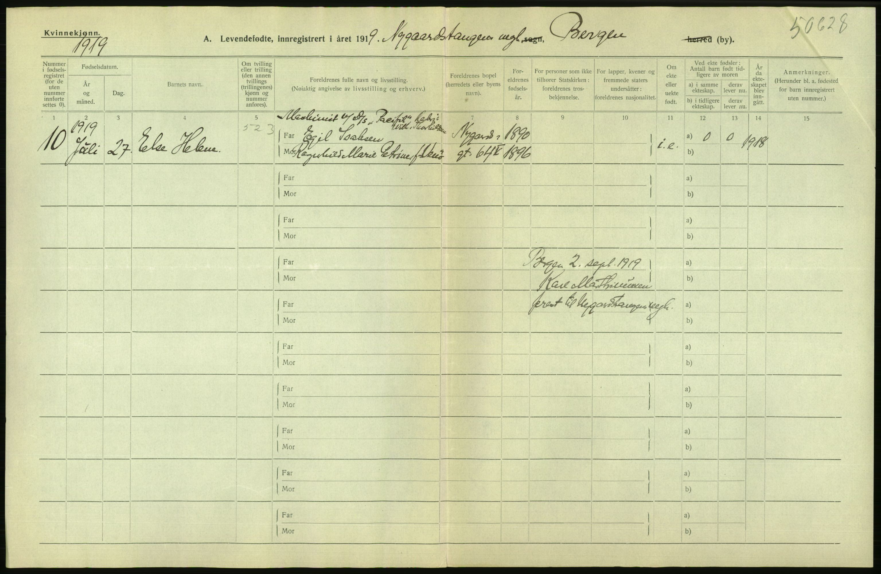 Statistisk sentralbyrå, Sosiodemografiske emner, Befolkning, AV/RA-S-2228/D/Df/Dfb/Dfbi/L0034: Bergen: Levendefødte menn og kvinner., 1919, p. 14