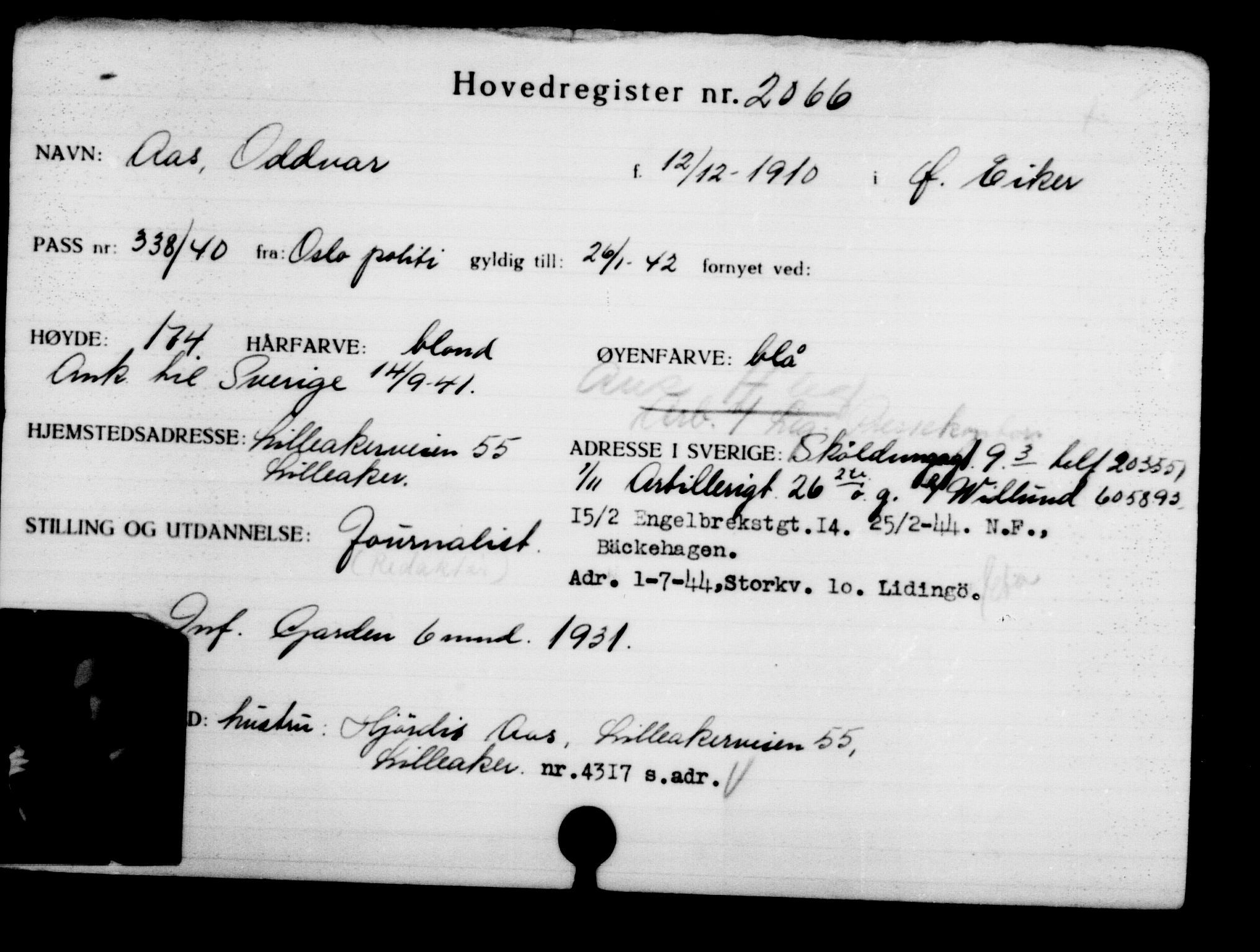 Utenriksstasjonene, Legasjonen i Stockholm, Flyktningkontoret, AV/RA-S-6753/V/Va/L0003: Kjesäterkartoteket, flyktninger med registreringsnr. 2001-3495, 1940-1945, p. 88