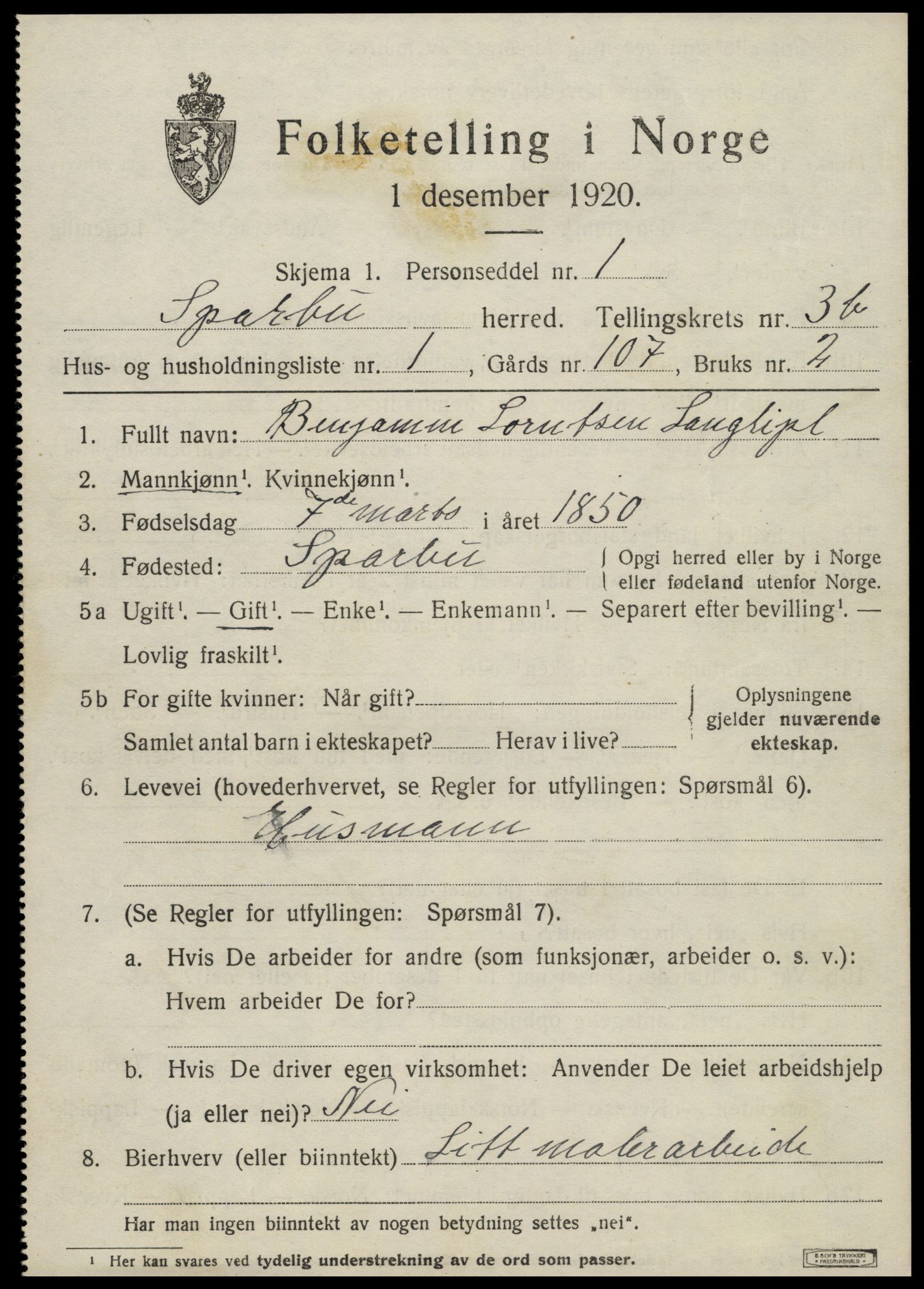 SAT, 1920 census for Sparbu, 1920, p. 4837