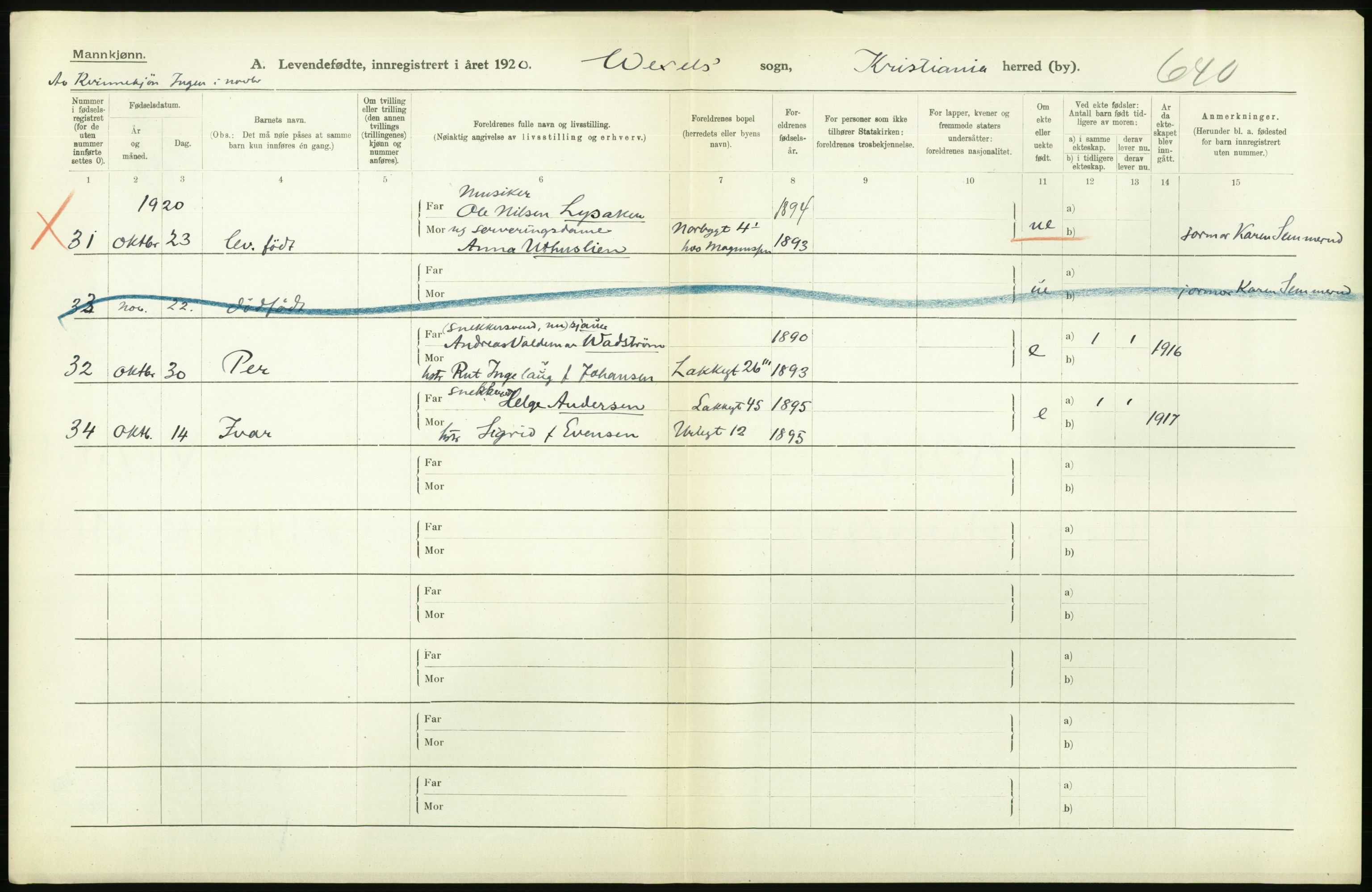Statistisk sentralbyrå, Sosiodemografiske emner, Befolkning, AV/RA-S-2228/D/Df/Dfb/Dfbj/L0008: Kristiania: Levendefødte menn og kvinner., 1920, p. 298