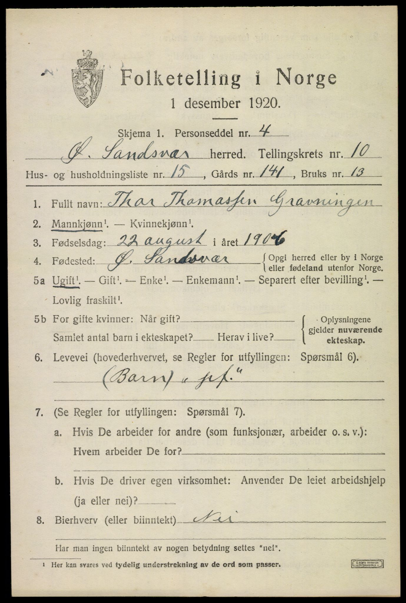 SAKO, 1920 census for Øvre Sandsvær, 1920, p. 5708