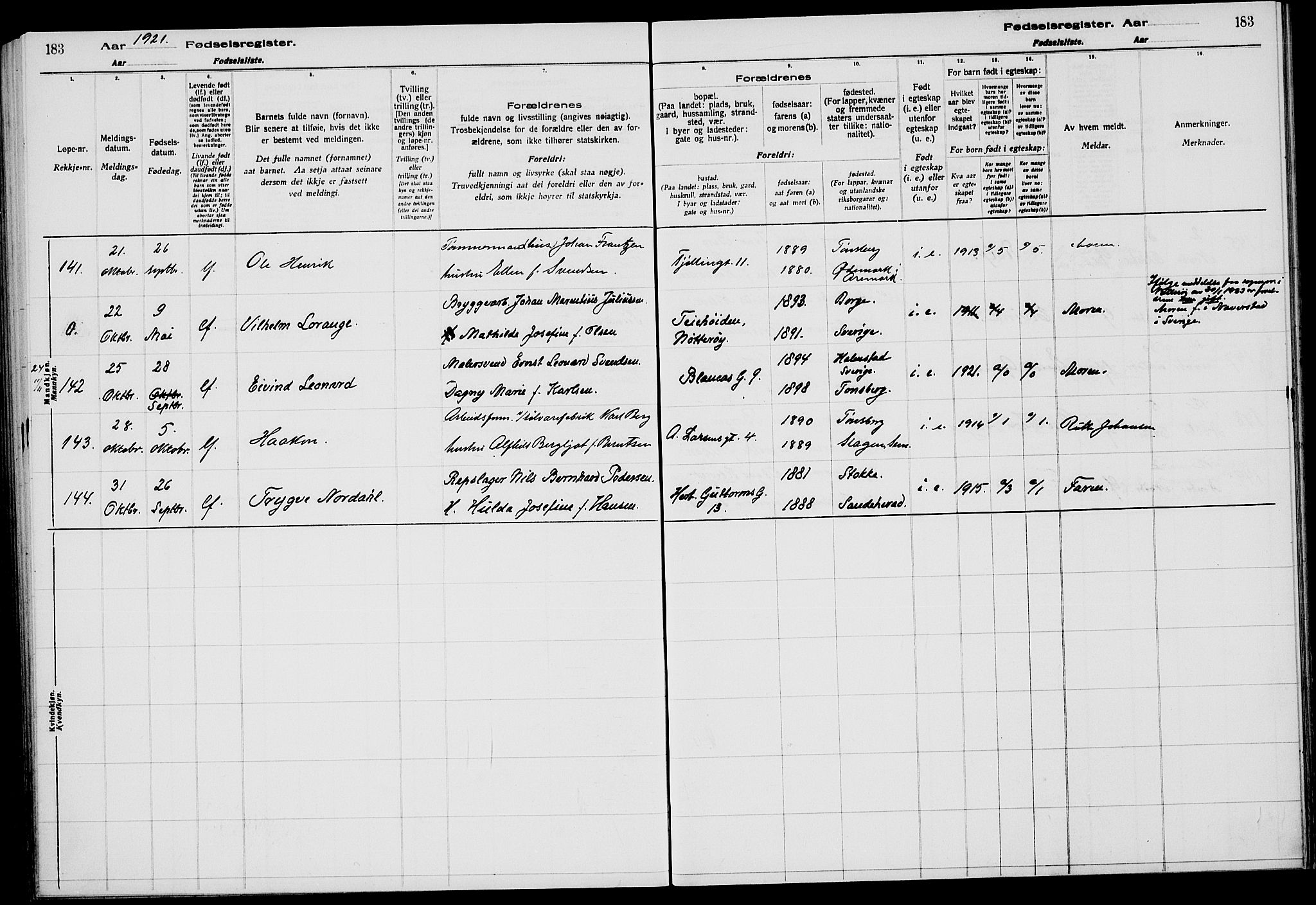 Tønsberg kirkebøker, AV/SAKO-A-330/J/Ja/L0001: Birth register no. 1, 1916-1922, p. 183