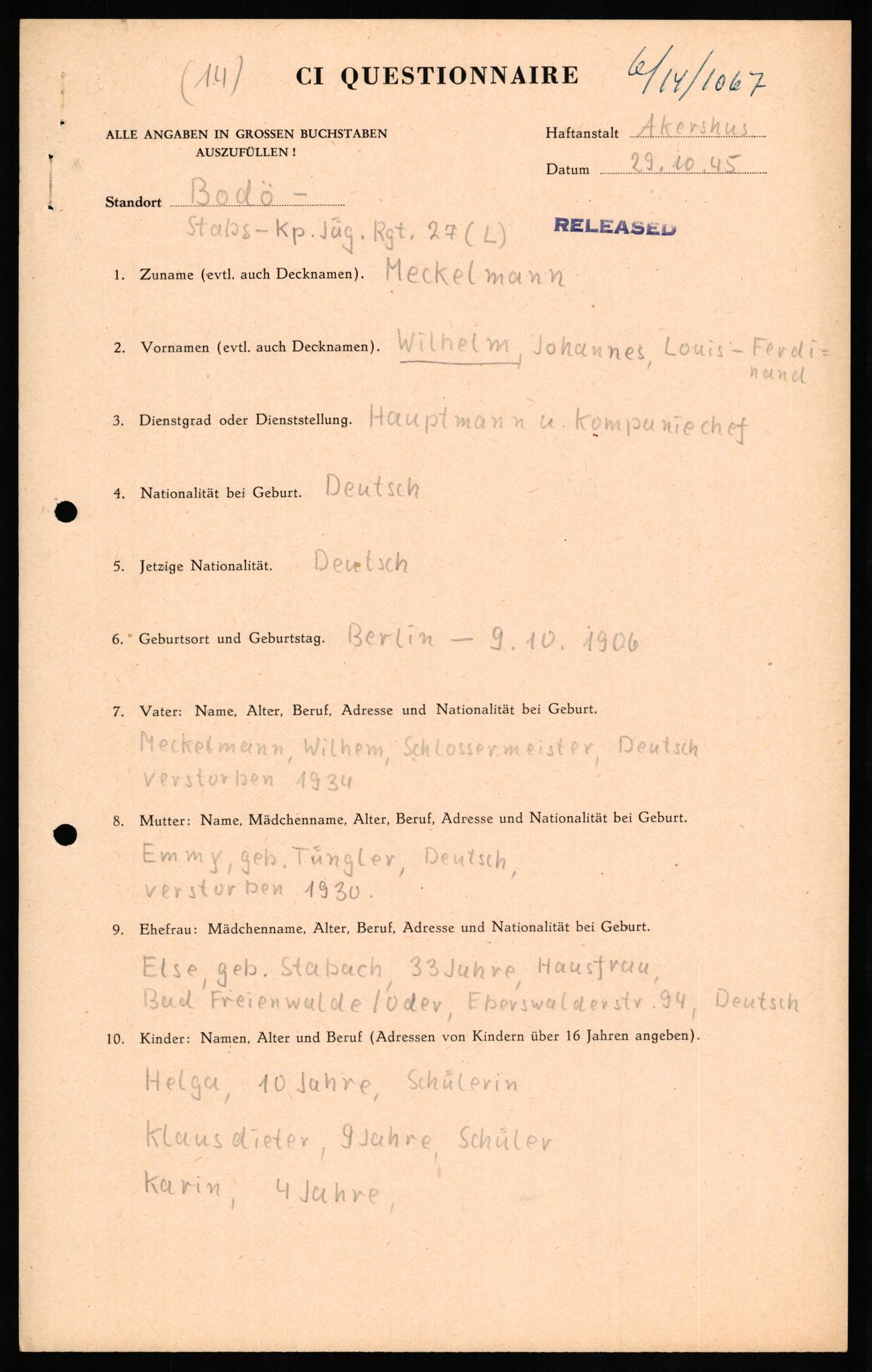 Forsvaret, Forsvarets overkommando II, AV/RA-RAFA-3915/D/Db/L0021: CI Questionaires. Tyske okkupasjonsstyrker i Norge. Tyskere., 1945-1946, p. 285