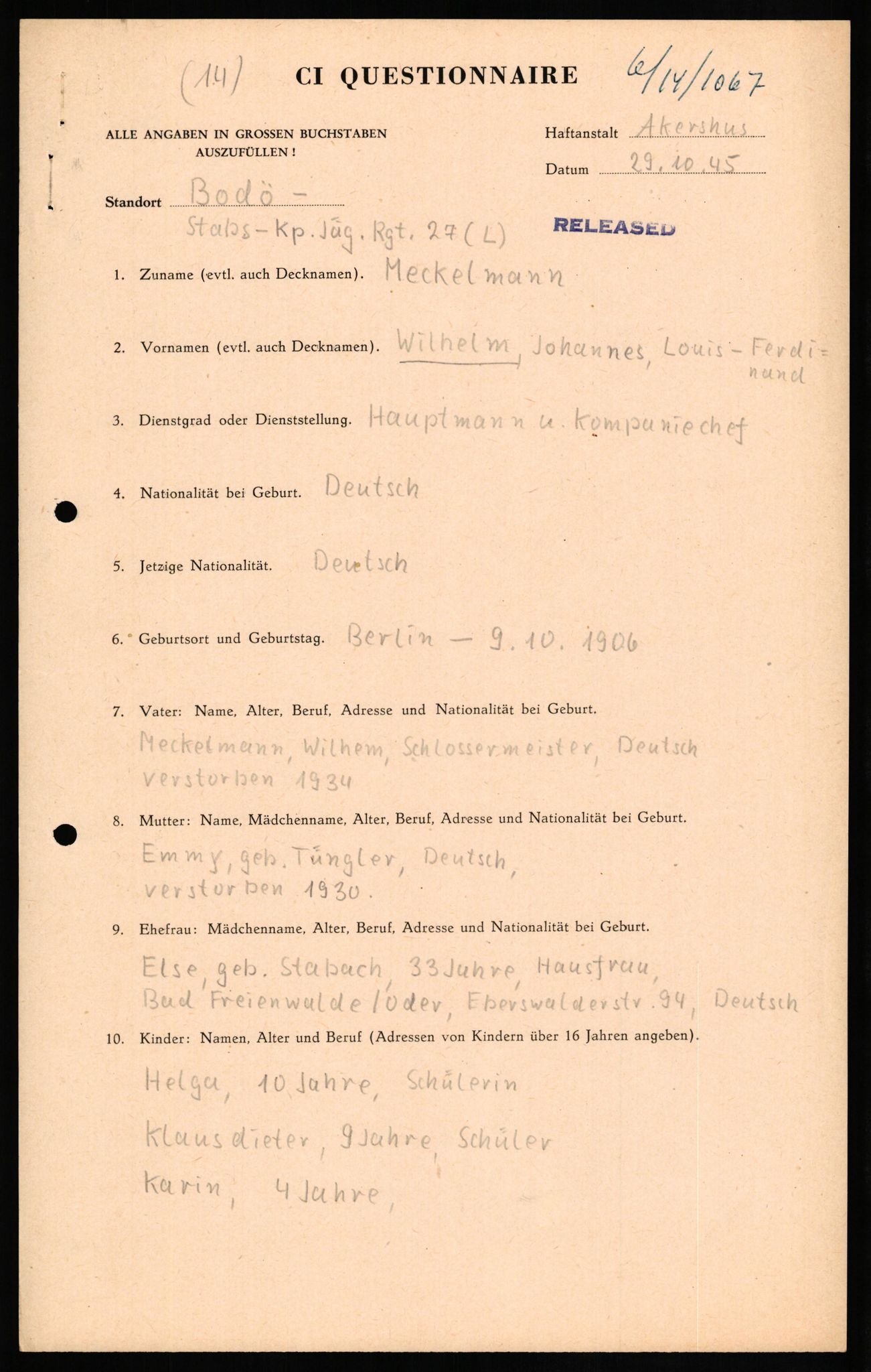 Forsvaret, Forsvarets overkommando II, RA/RAFA-3915/D/Db/L0021: CI Questionaires. Tyske okkupasjonsstyrker i Norge. Tyskere., 1945-1946, p. 285