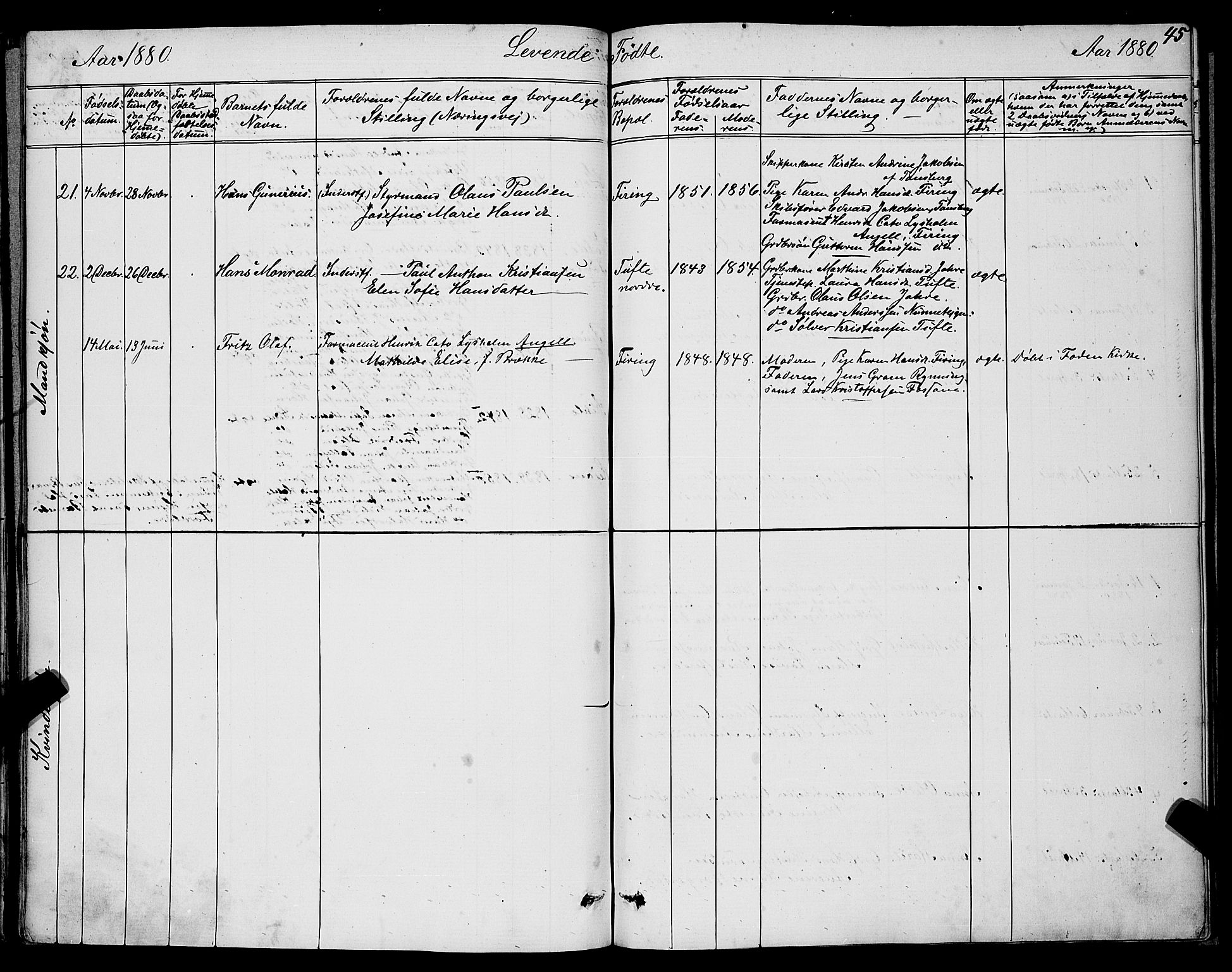 Ramnes kirkebøker, SAKO/A-314/G/Ga/L0003: Parish register (copy) no. I 3, 1870-1896, p. 45