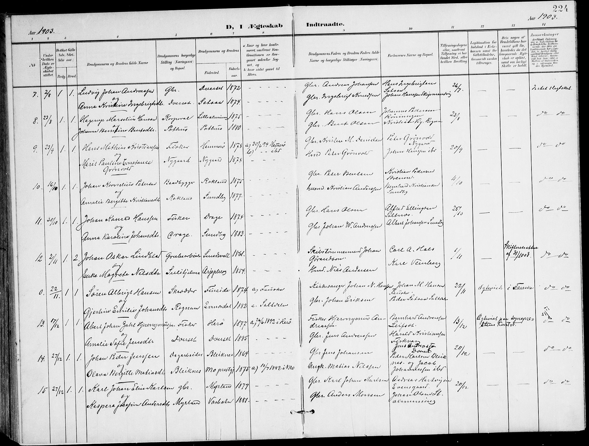 Ministerialprotokoller, klokkerbøker og fødselsregistre - Nordland, AV/SAT-A-1459/847/L0672: Parish register (official) no. 847A12, 1902-1919, p. 224