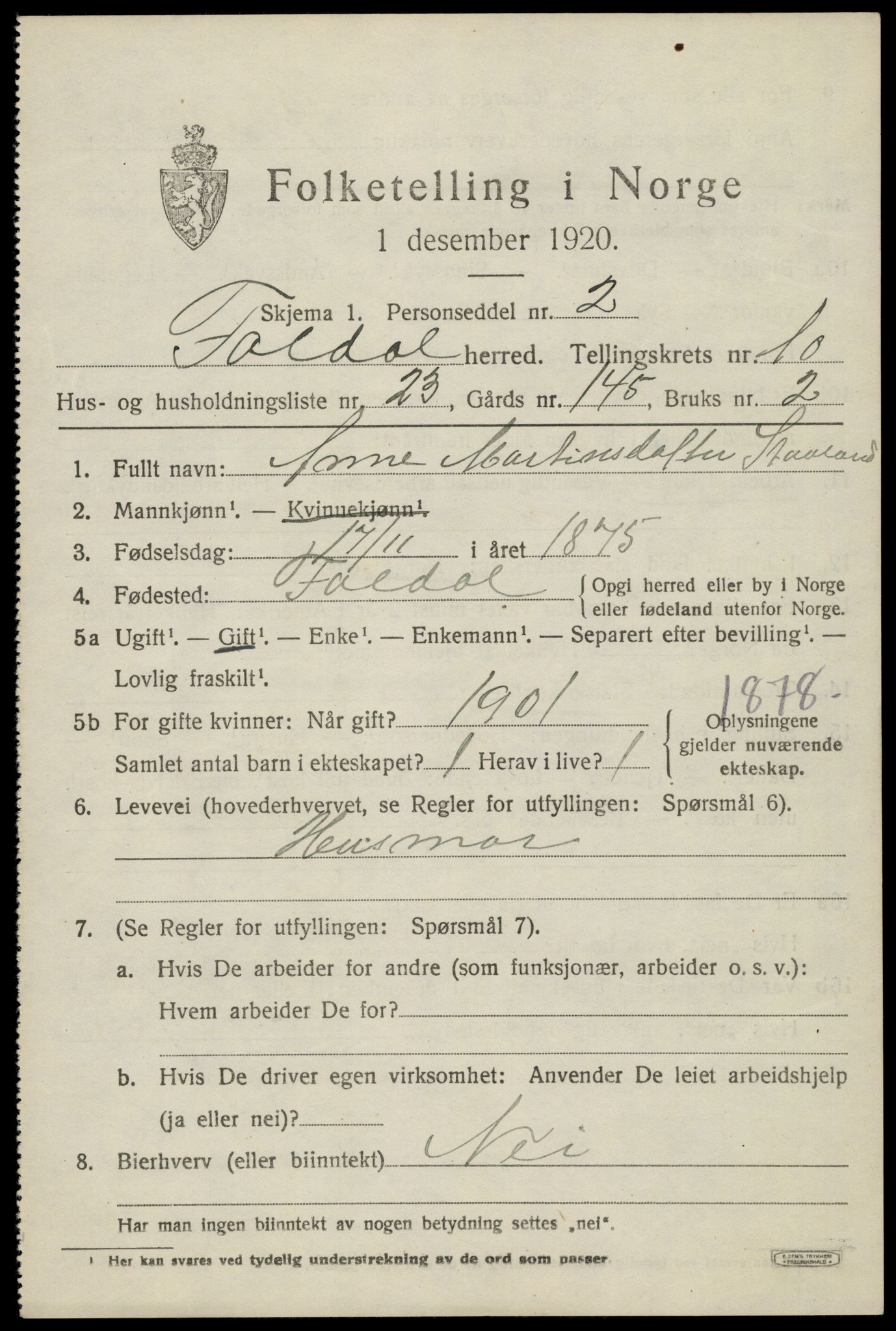 SAH, 1920 census for Folldal, 1920, p. 5225