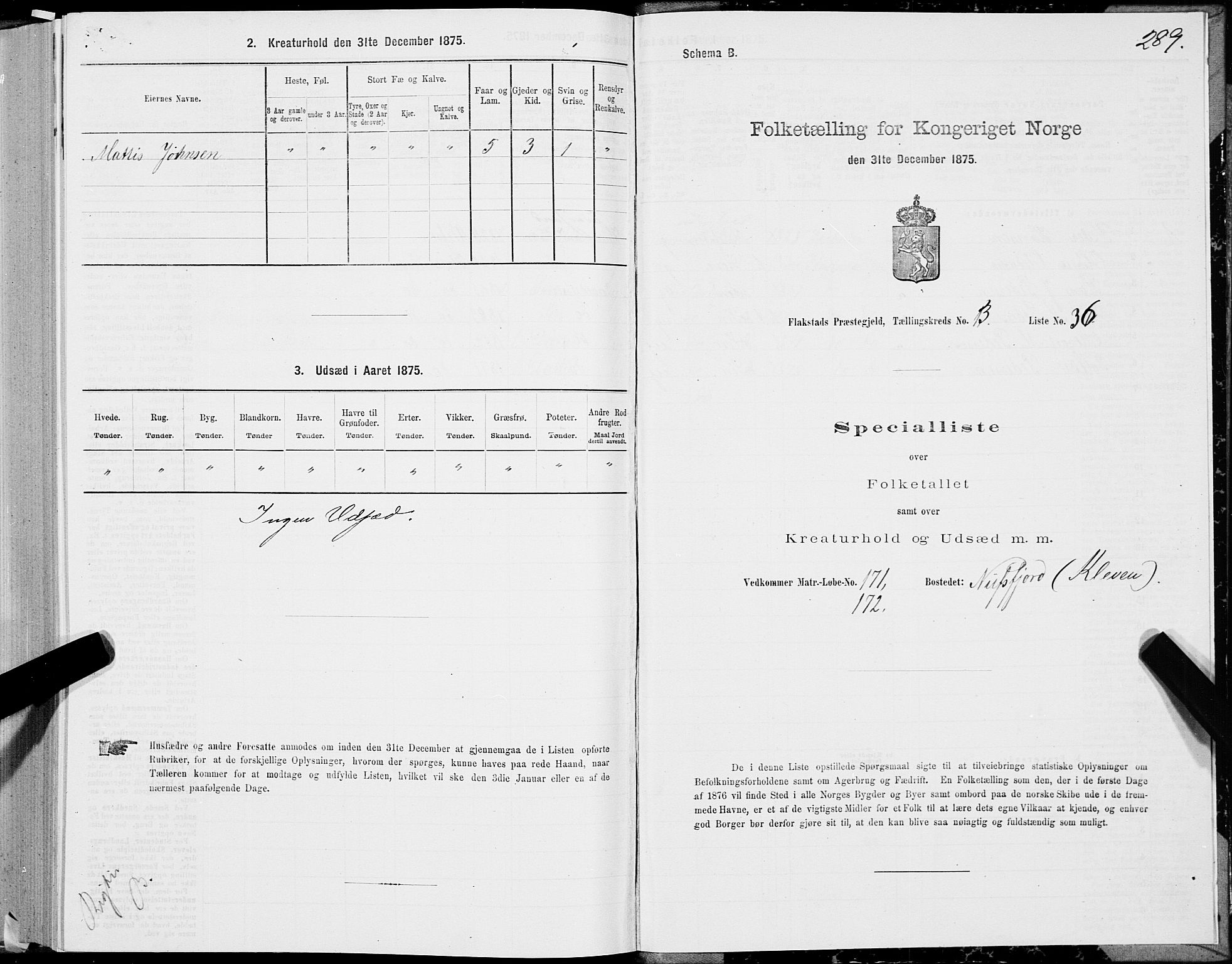 SAT, 1875 census for 1859P Flakstad, 1875, p. 1289