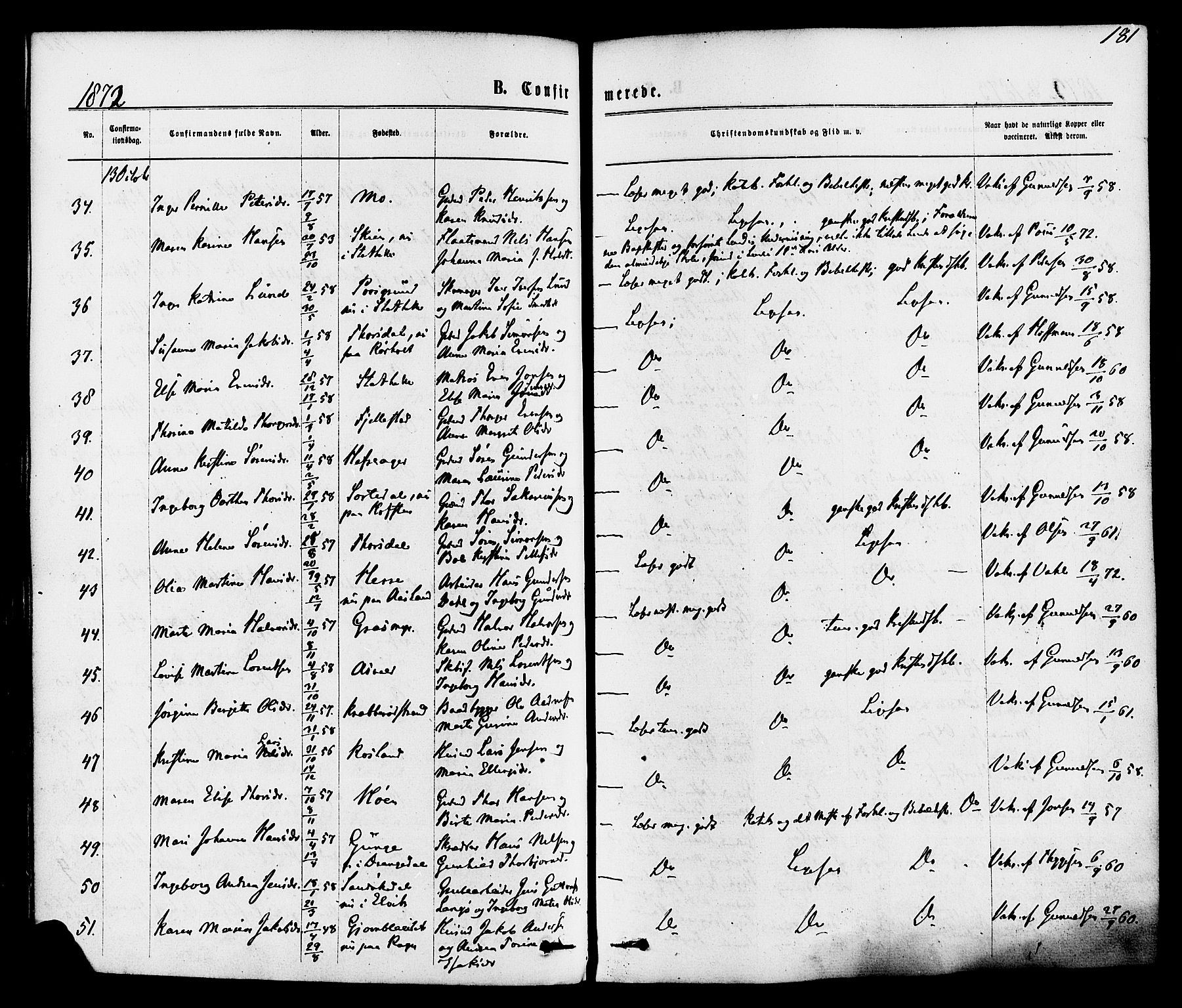 Bamble kirkebøker, SAKO/A-253/F/Fa/L0006: Parish register (official) no. I 6, 1869-1877, p. 181