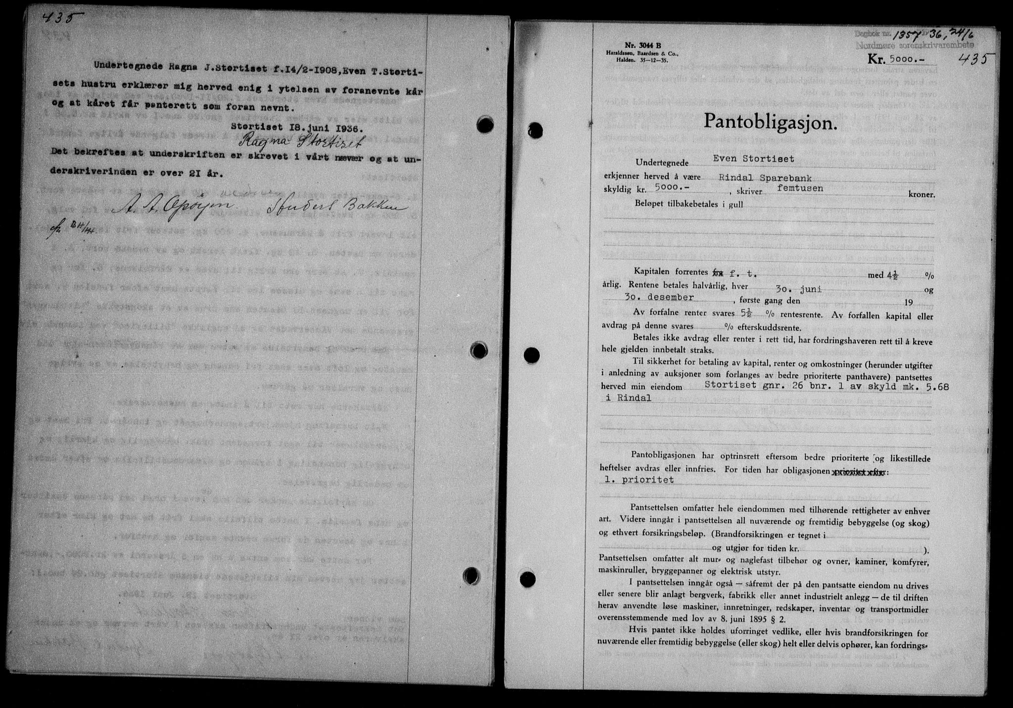 Nordmøre sorenskriveri, AV/SAT-A-4132/1/2/2Ca/L0088: Mortgage book no. 78, 1936-1936, Diary no: : 1357/1936