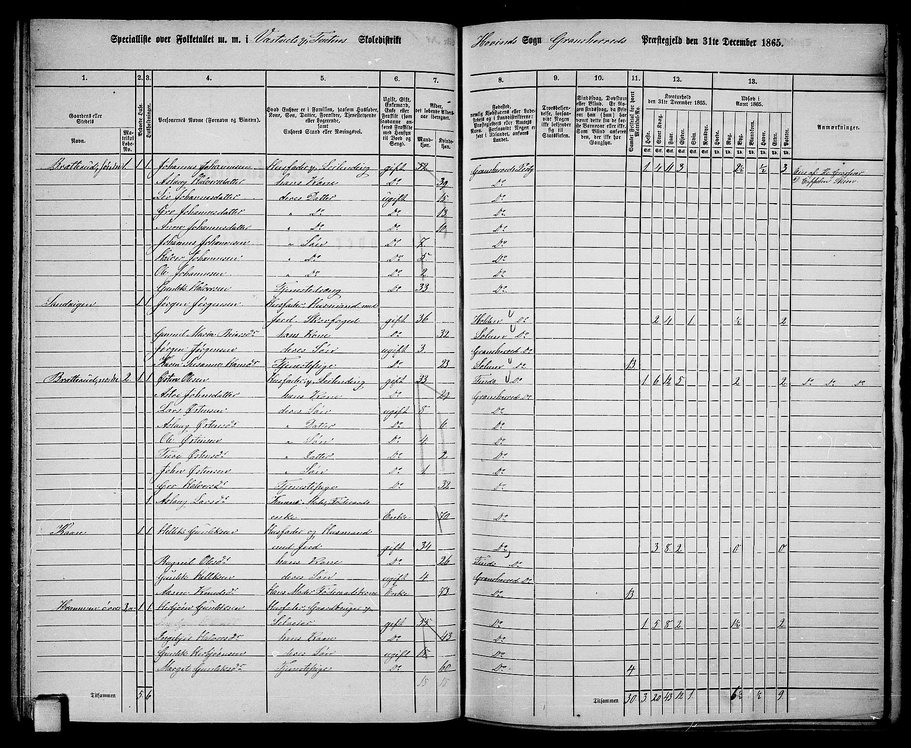 RA, 1865 census for Gransherad, 1865, p. 67