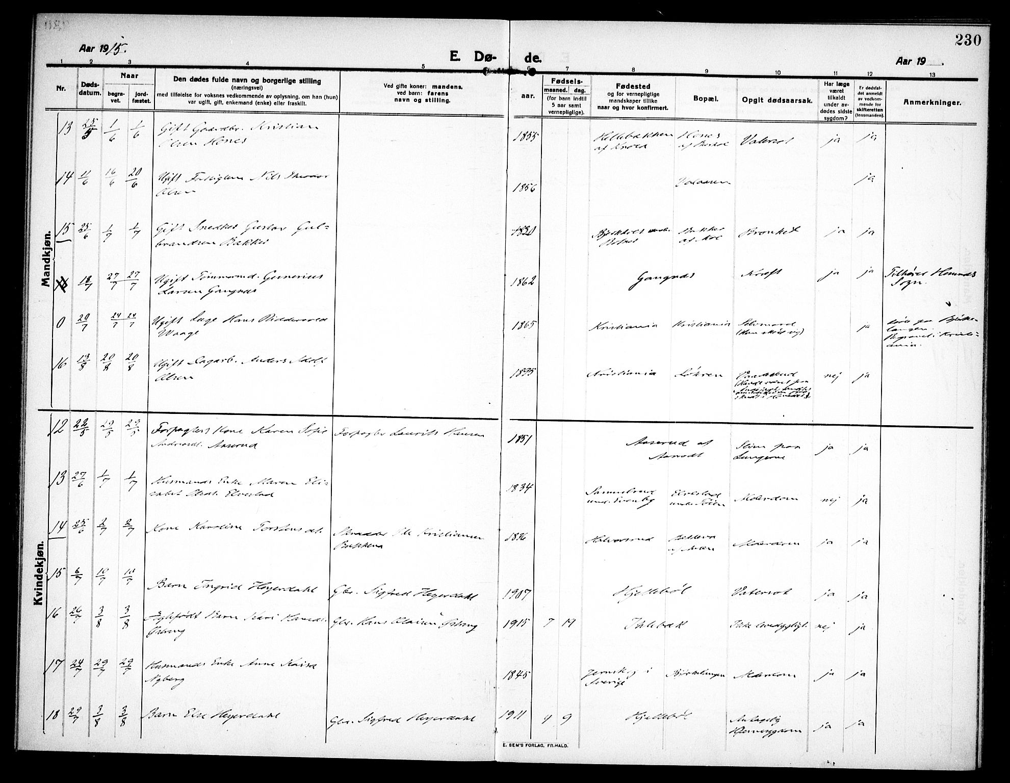 Høland prestekontor Kirkebøker, SAO/A-10346a/F/Fa/L0016: Parish register (official) no. I 16, 1912-1921, p. 230