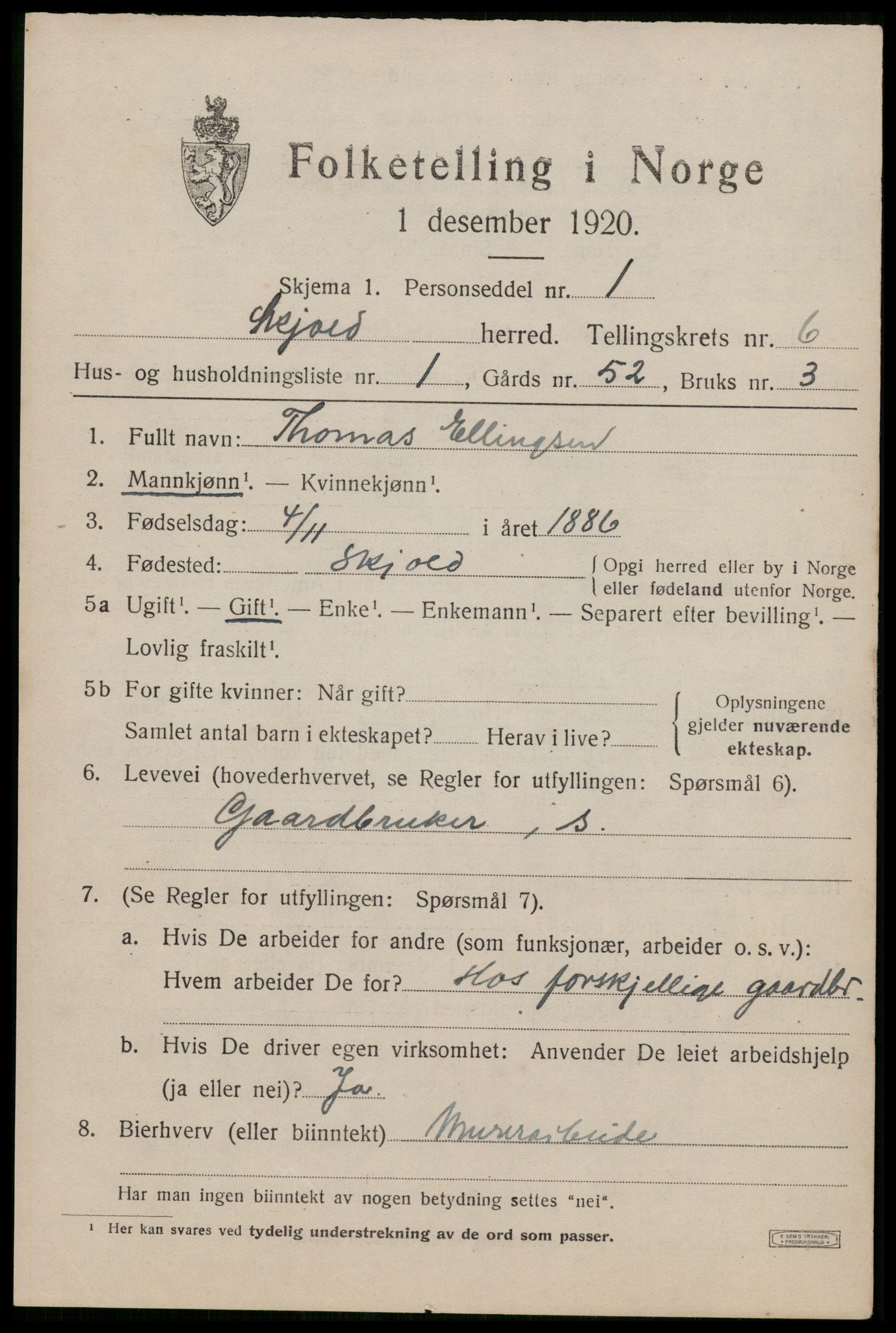 SAST, 1920 census for Skjold, 1920, p. 3160