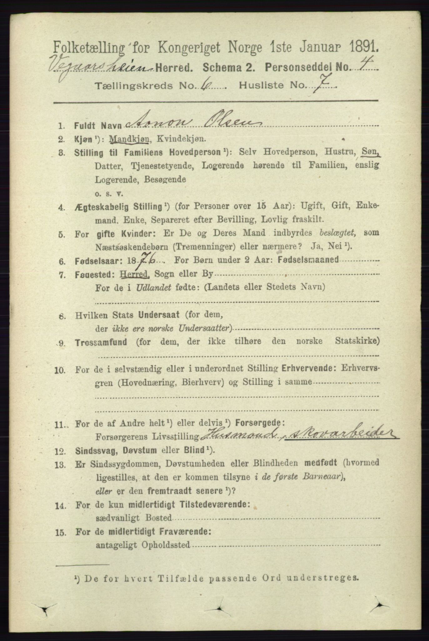 RA, 1891 census for 0912 Vegårshei, 1891, p. 1215