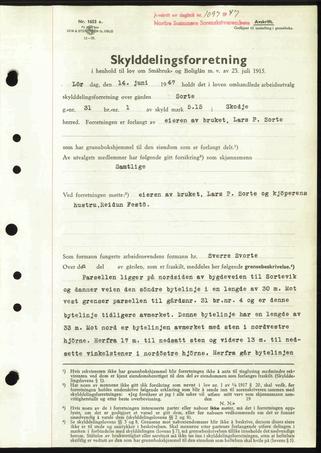 Nordre Sunnmøre sorenskriveri, AV/SAT-A-0006/1/2/2C/2Ca: Mortgage book no. A24, 1947-1947, Diary no: : 1097/1947