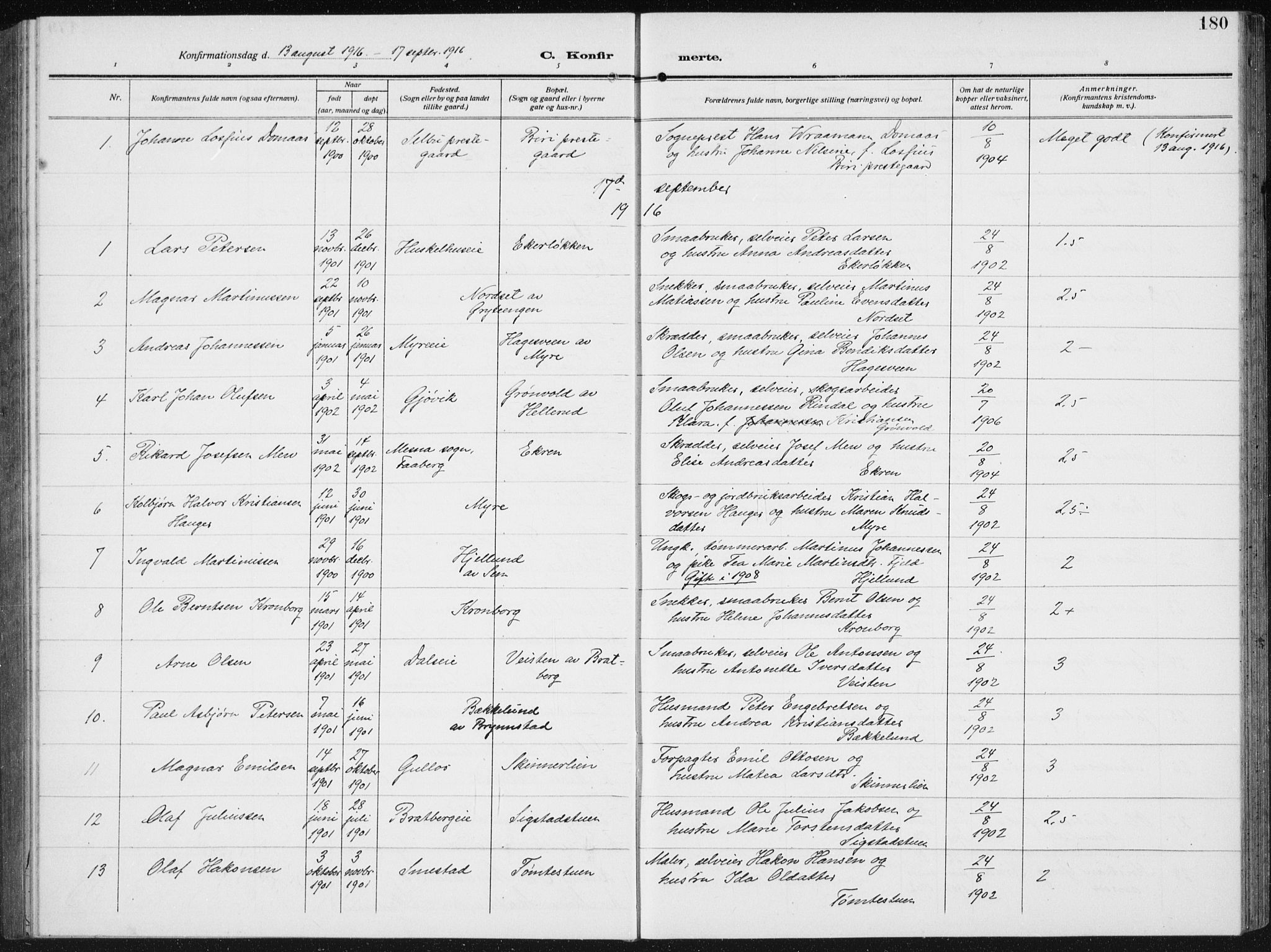 Biri prestekontor, AV/SAH-PREST-096/H/Ha/Hab/L0006: Parish register (copy) no. 6, 1909-1938, p. 180