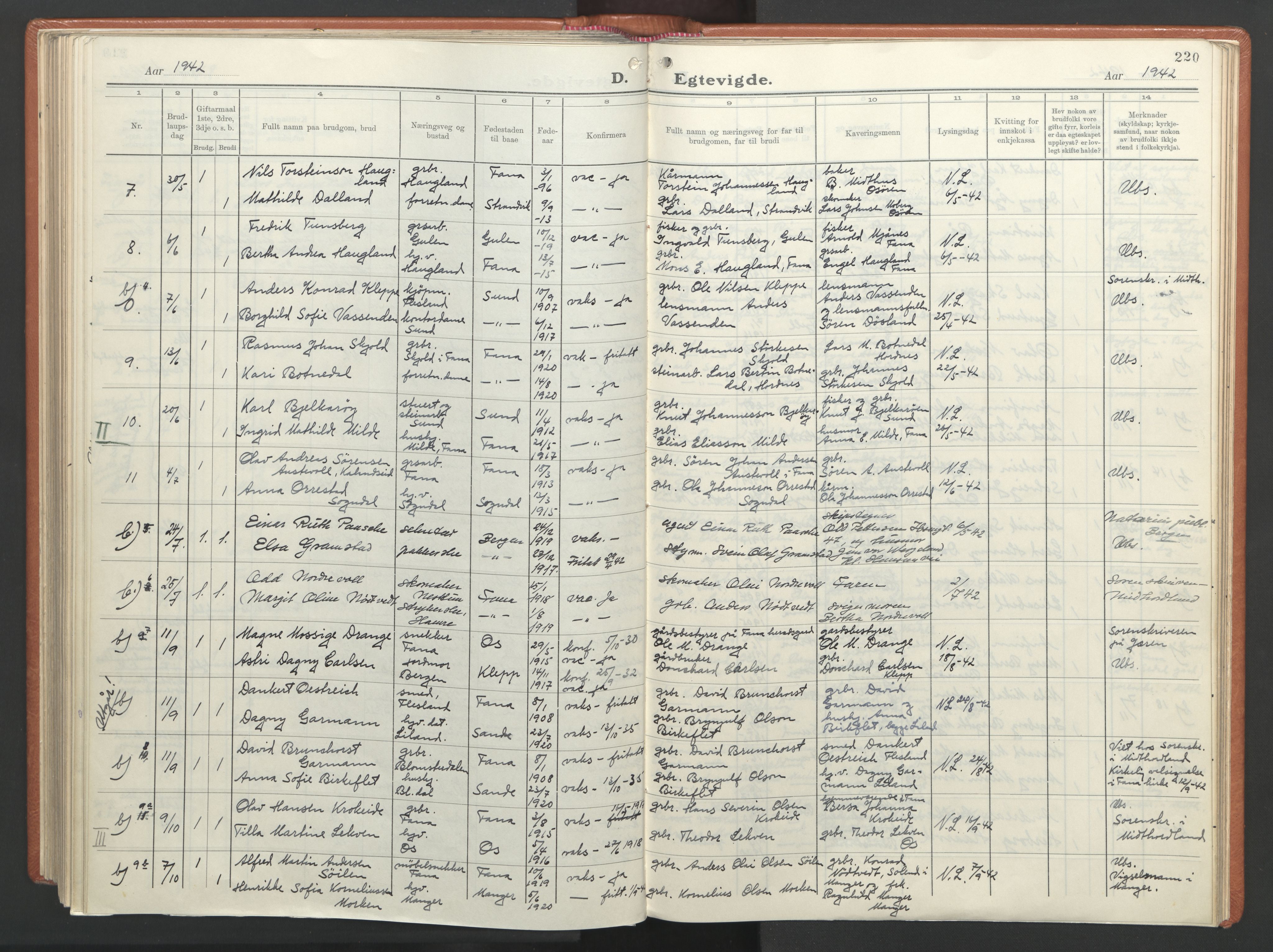 Fana Sokneprestembete, AV/SAB-A-75101/H/Haa/Haab/L0007: Parish register (official) no. B 7, 1934-1947, p. 220