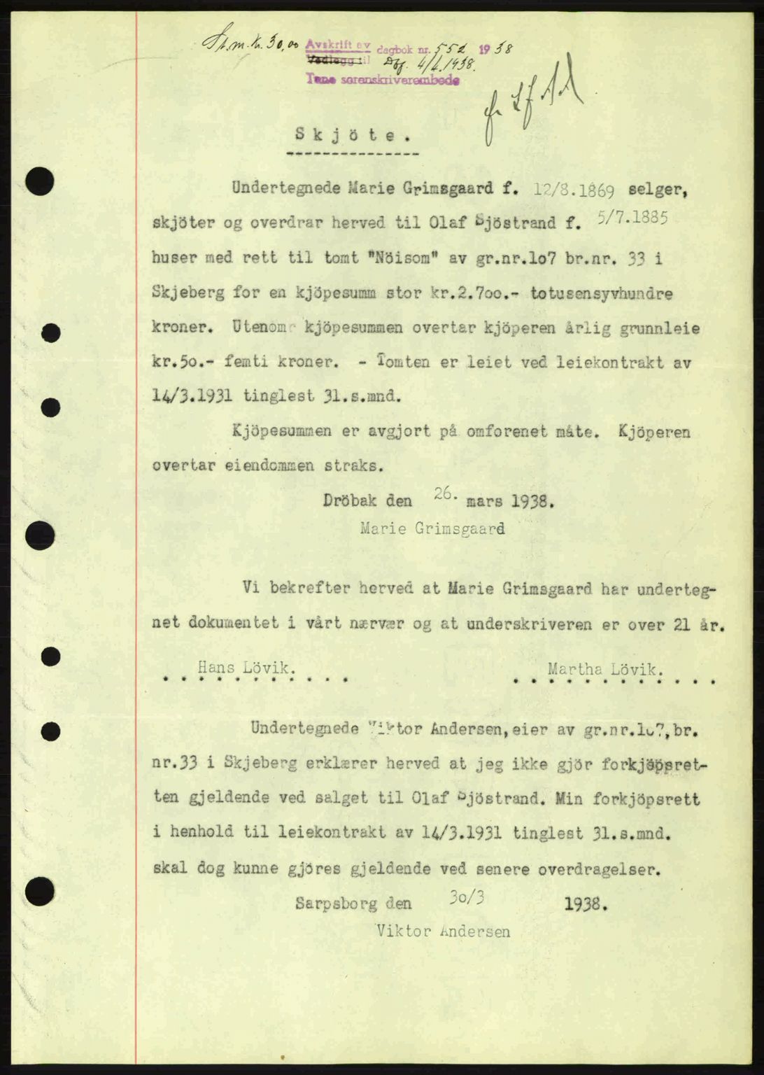Tune sorenskriveri, AV/SAO-A-10470/G/Gb/Gbg/Gbgb/L0003: Mortgage book no. A3, 1938-1938, Diary no: : 552/1938