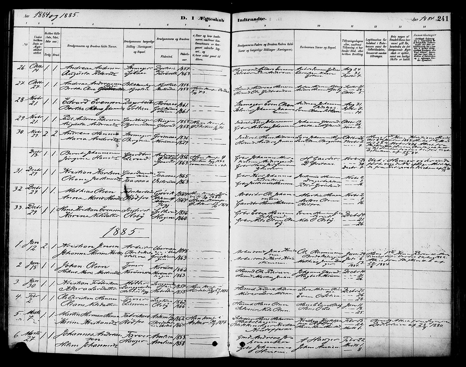 Vestre Toten prestekontor, AV/SAH-PREST-108/H/Ha/Haa/L0009: Parish register (official) no. 9, 1878-1894, p. 241