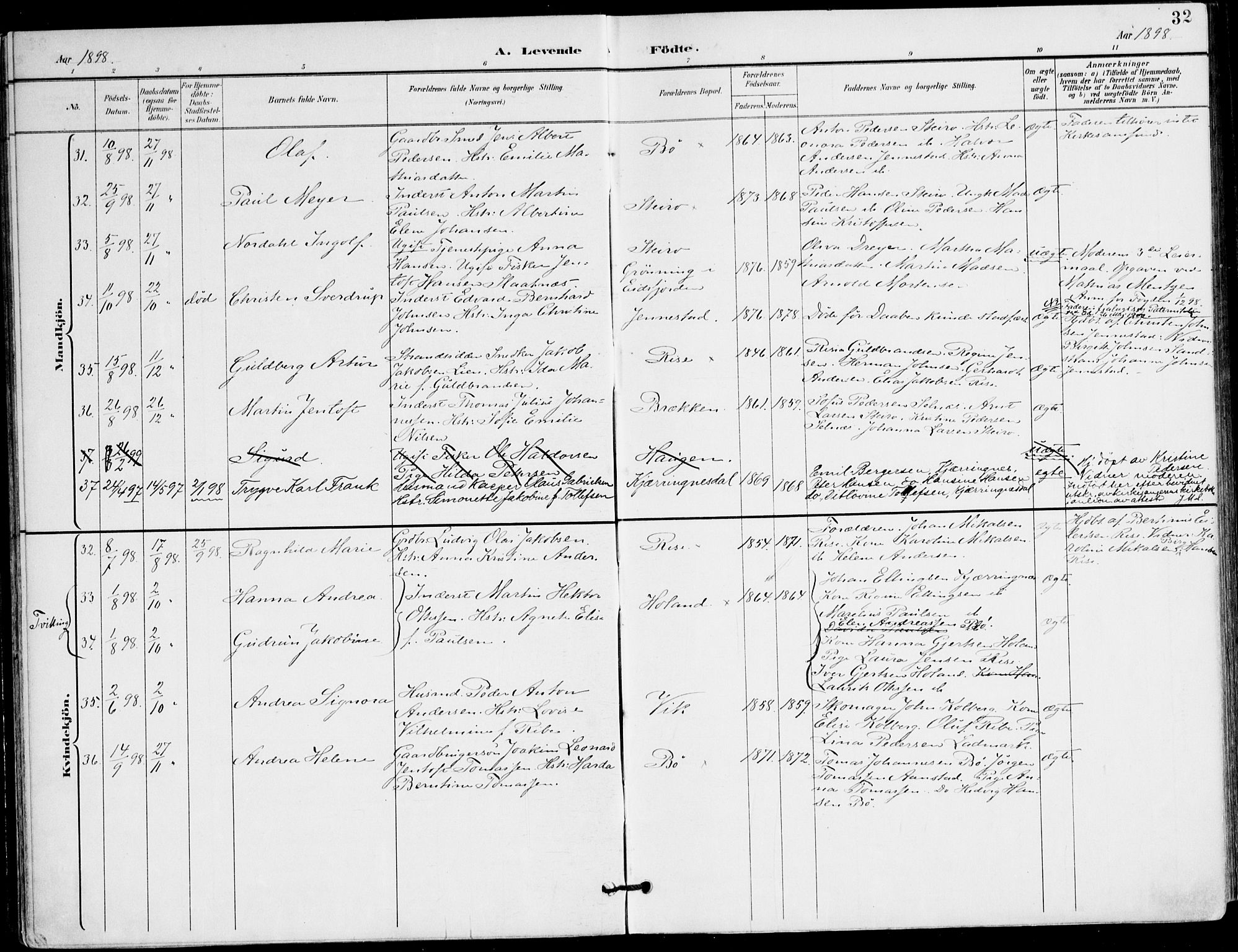 Ministerialprotokoller, klokkerbøker og fødselsregistre - Nordland, AV/SAT-A-1459/895/L1372: Parish register (official) no. 895A07, 1894-1914, p. 32