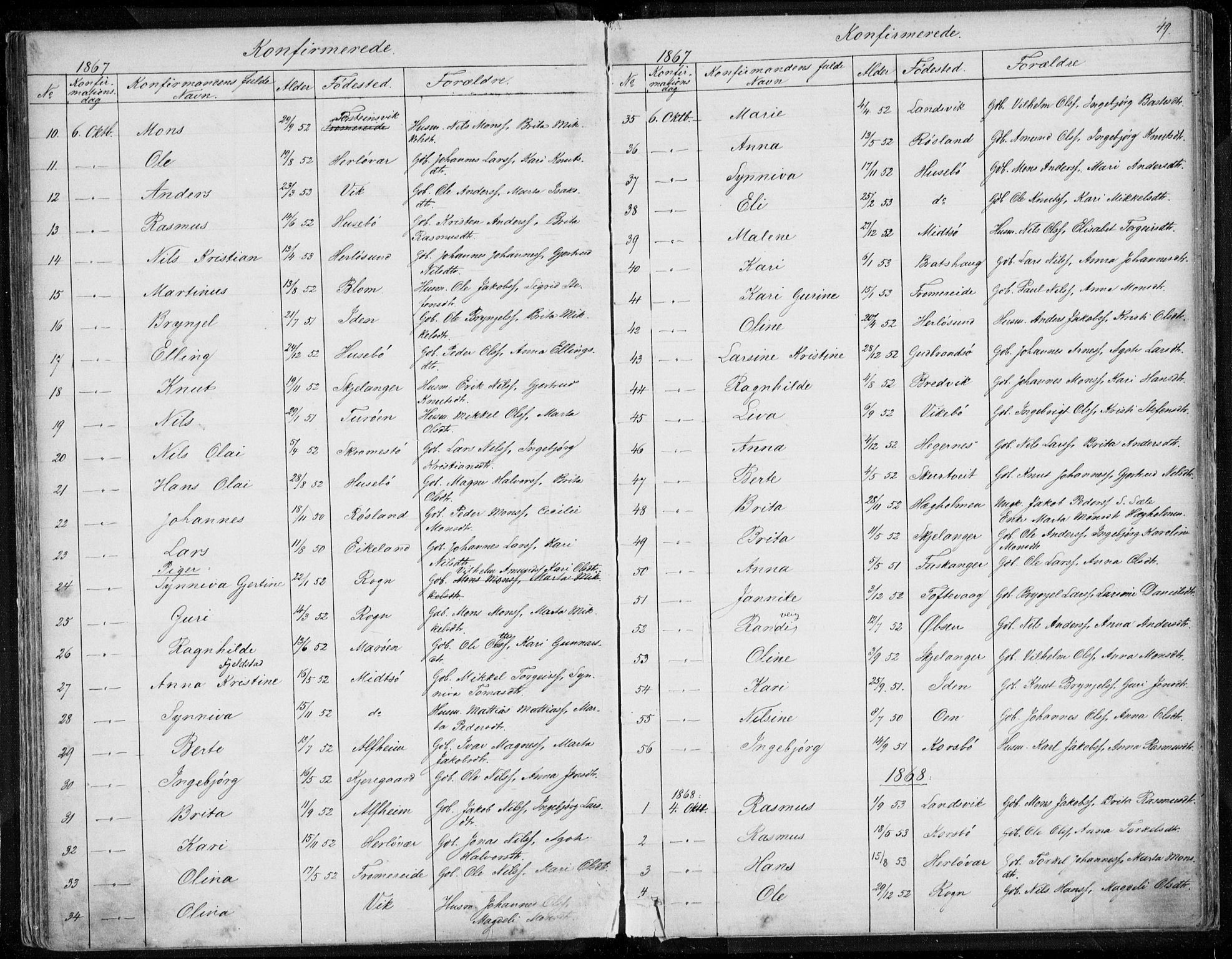Herdla Sokneprestembete, SAB/A-75701/H/Haa: Parish register (official) no. A 1, 1855-1869, p. 49