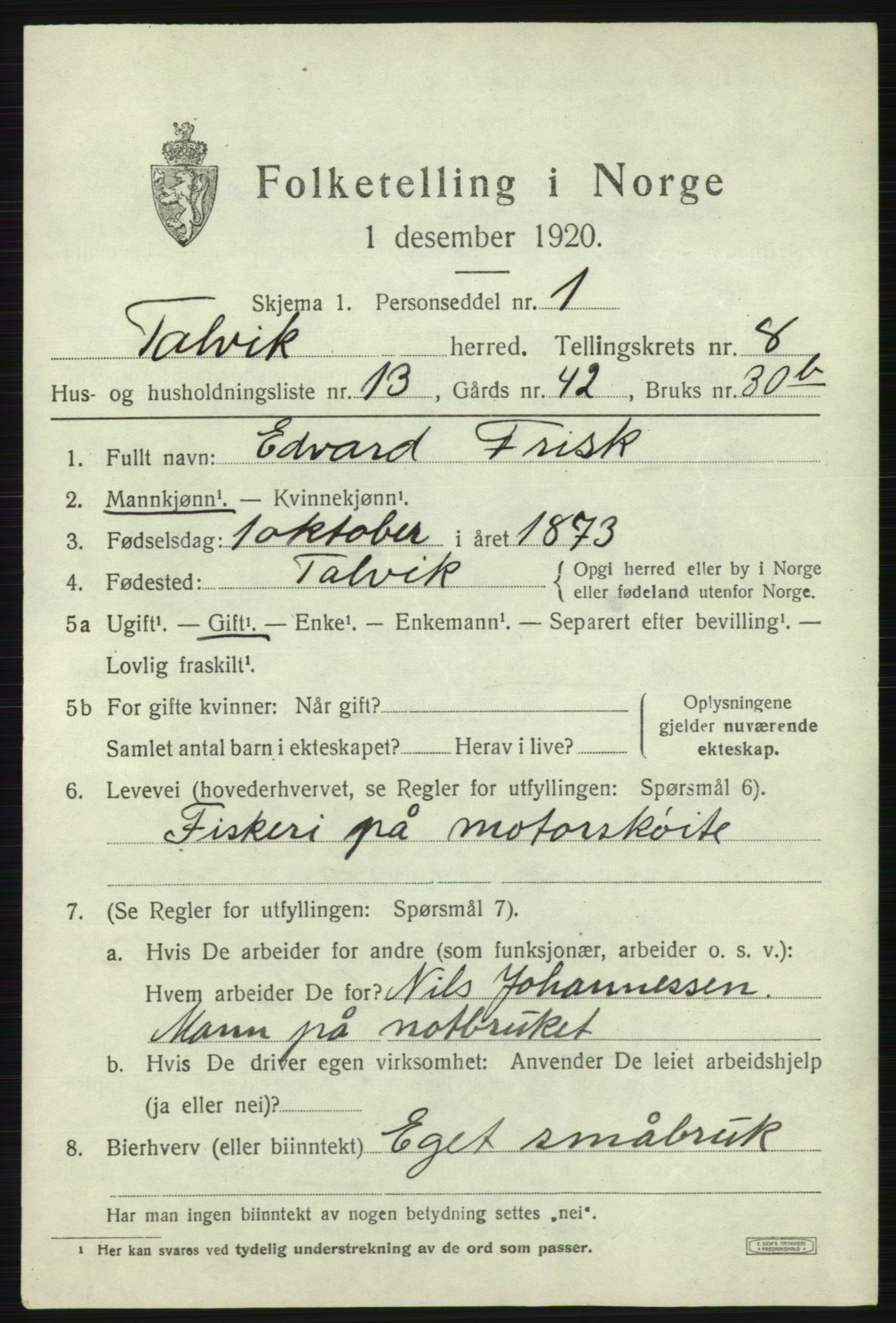 SATØ, 1920 census for Talvik, 1920, p. 5116