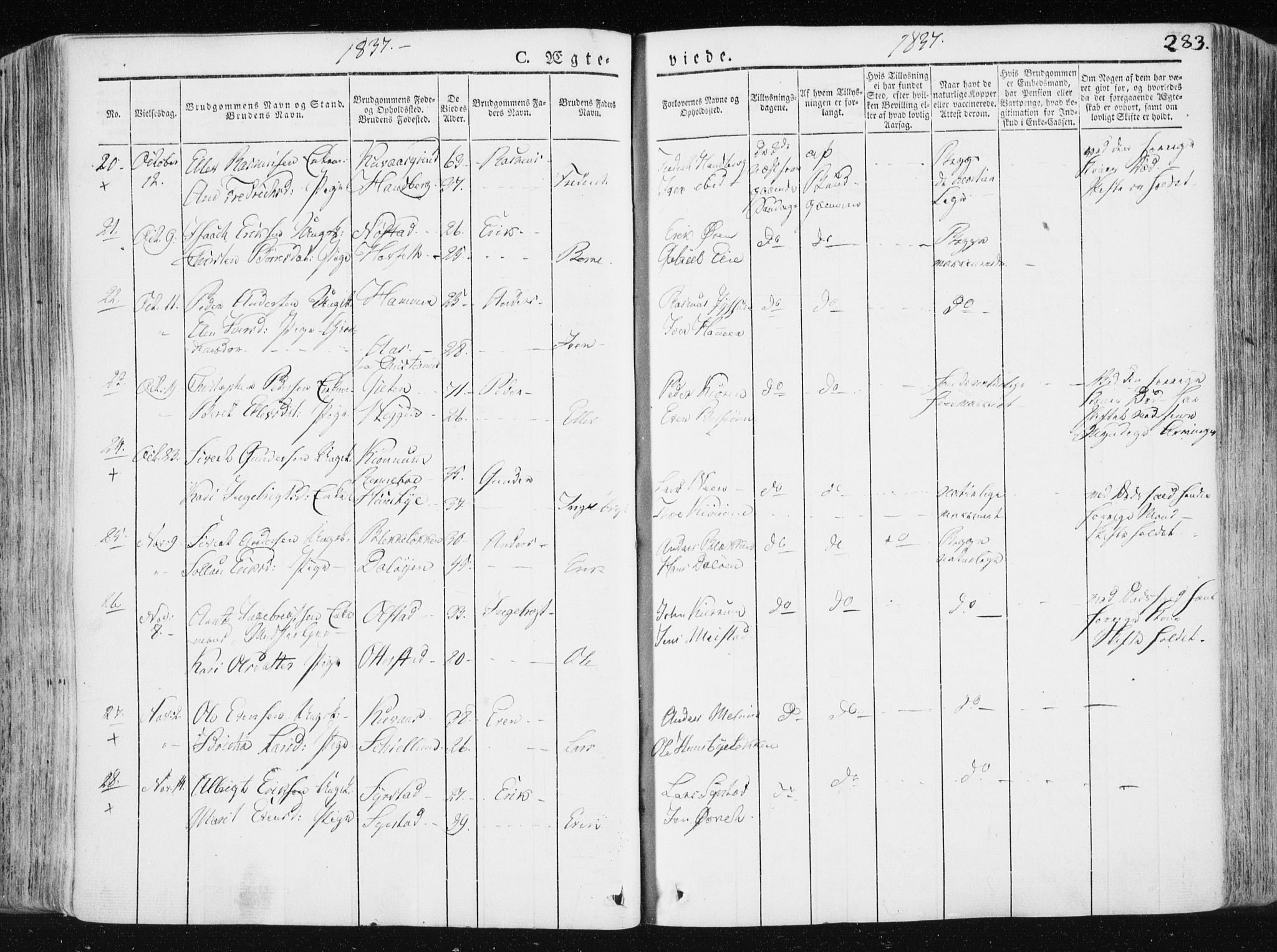 Ministerialprotokoller, klokkerbøker og fødselsregistre - Sør-Trøndelag, SAT/A-1456/665/L0771: Parish register (official) no. 665A06, 1830-1856, p. 283