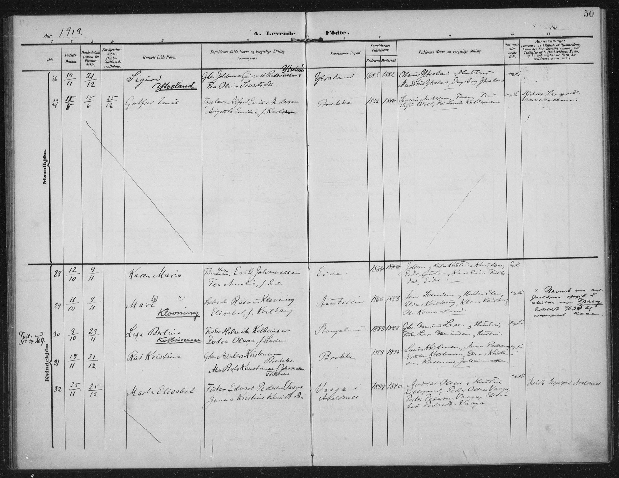 Kopervik sokneprestkontor, AV/SAST-A-101850/H/Ha/Haa/L0003: Parish register (official) no. A 3, 1906-1924, p. 50