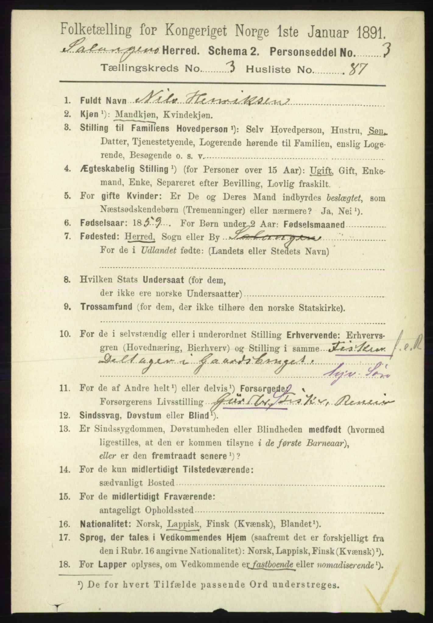 RA, 1891 census for 1921 Salangen, 1891, p. 1722