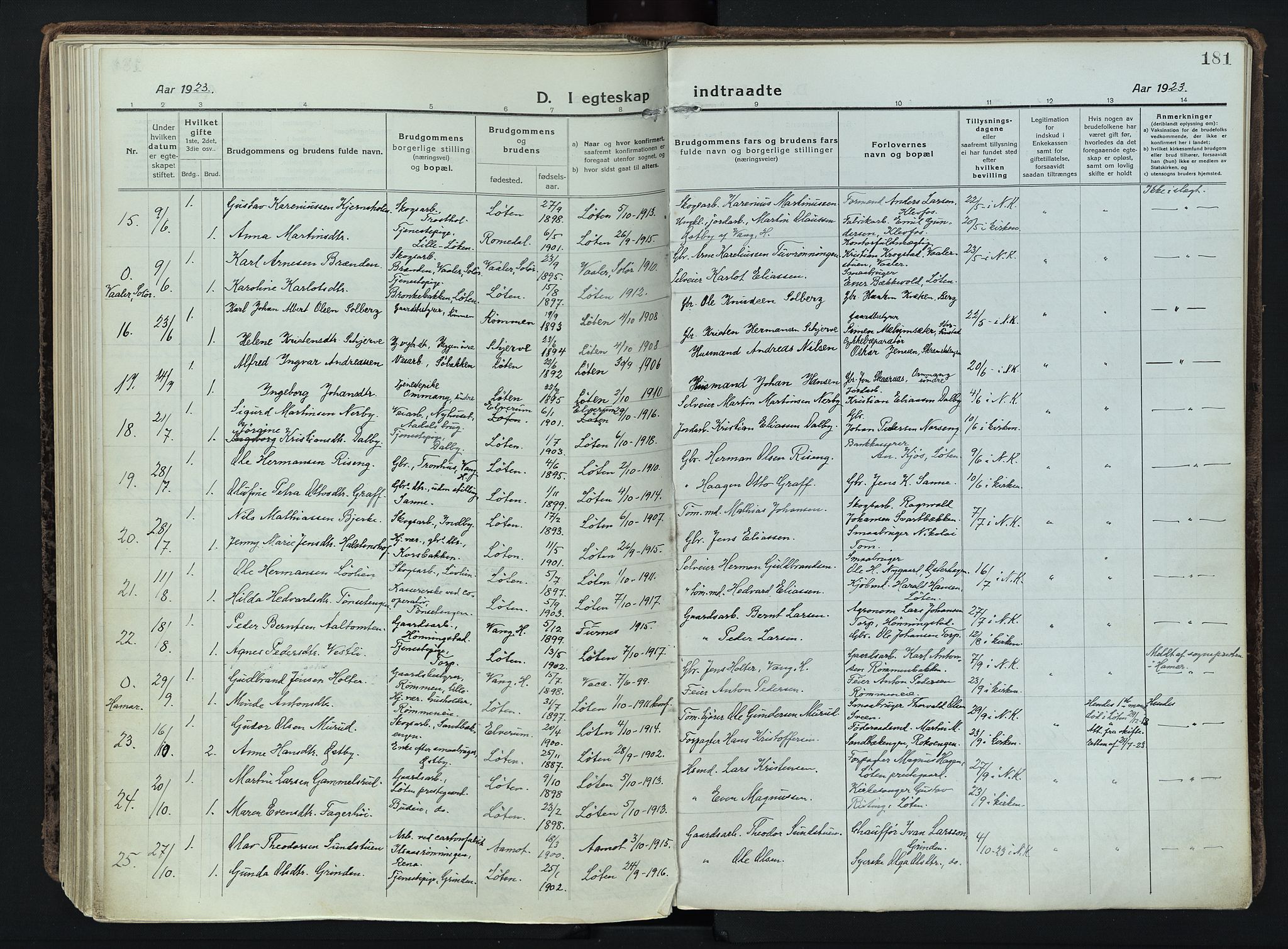 Løten prestekontor, AV/SAH-PREST-022/K/Ka/L0012: Parish register (official) no. 12, 1918-1926, p. 181