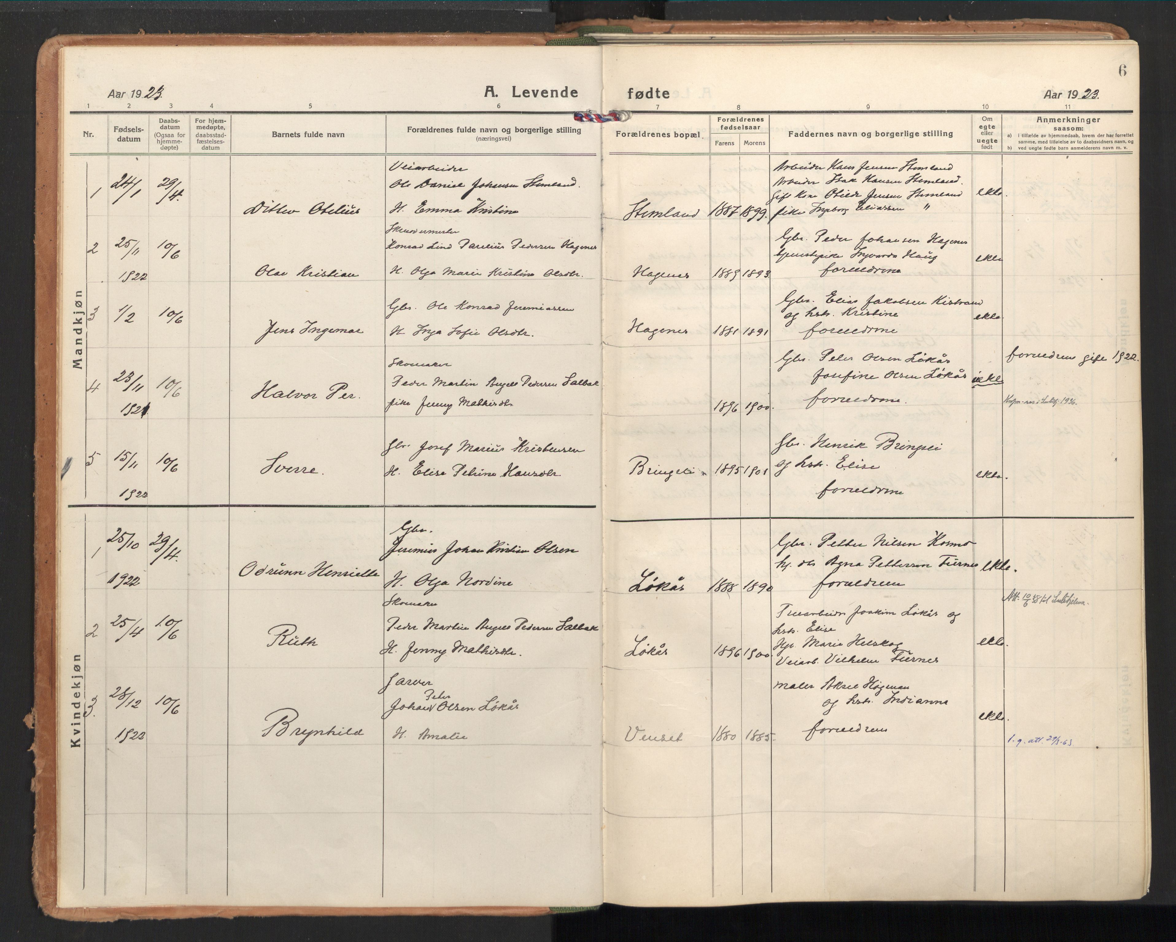 Ministerialprotokoller, klokkerbøker og fødselsregistre - Nordland, SAT/A-1459/851/L0725: Parish register (official) no. 851A02, 1922-1944, p. 6