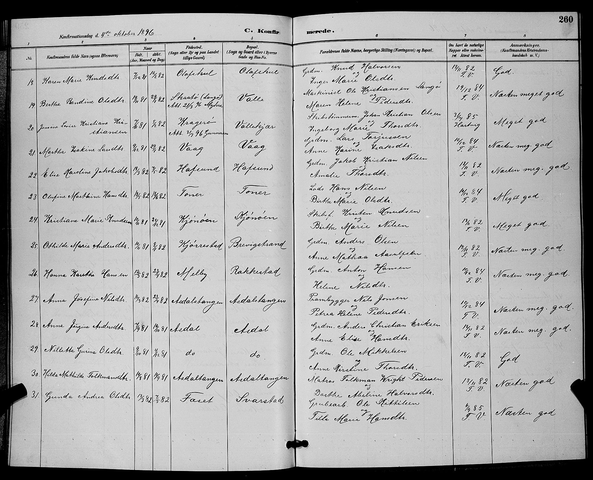 Bamble kirkebøker, AV/SAKO-A-253/G/Ga/L0009: Parish register (copy) no. I 9, 1888-1900, p. 260