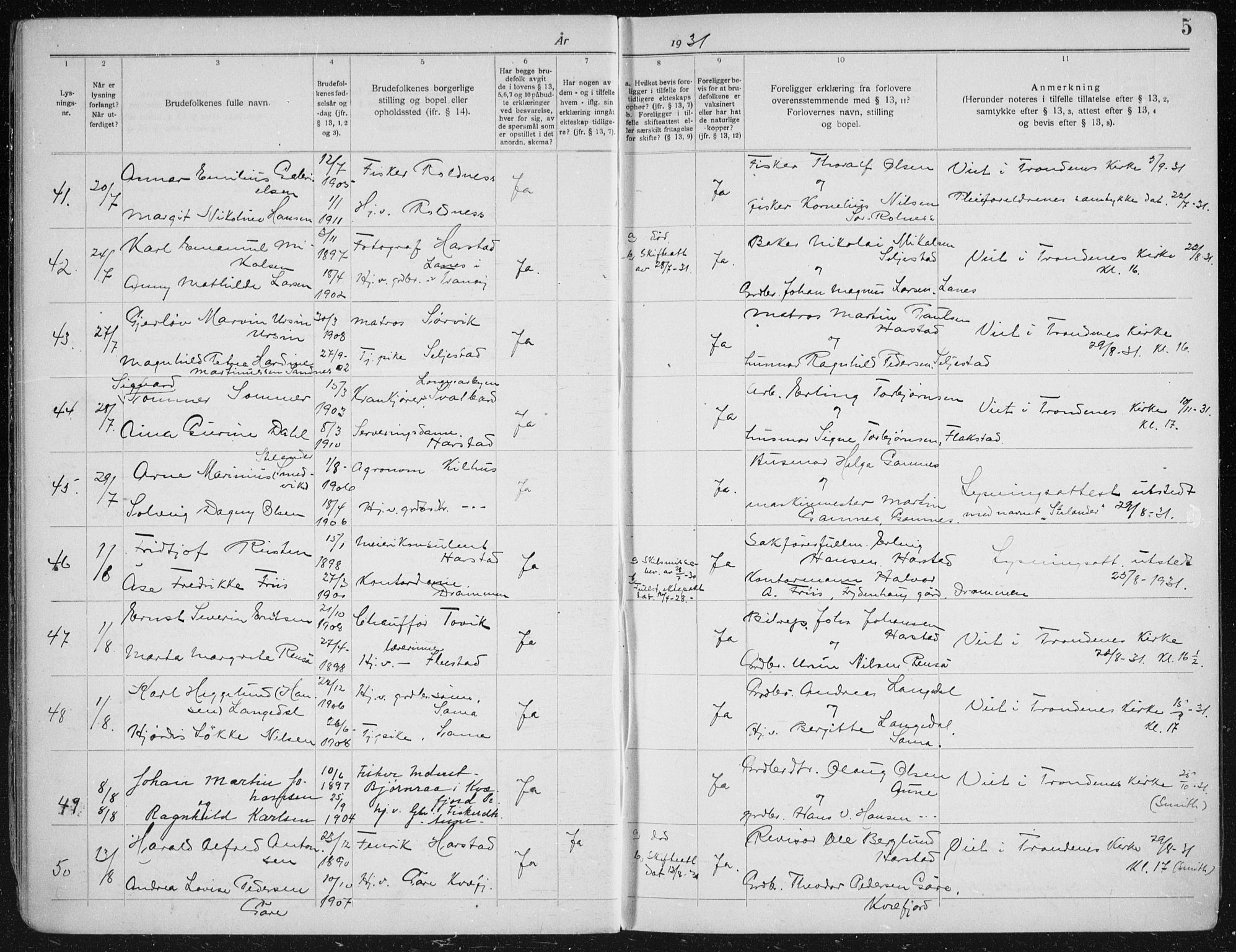 Trondenes sokneprestkontor, AV/SATØ-S-1319/I/Ib/L0100: Banns register no. 100, 1931-1940, p. 5