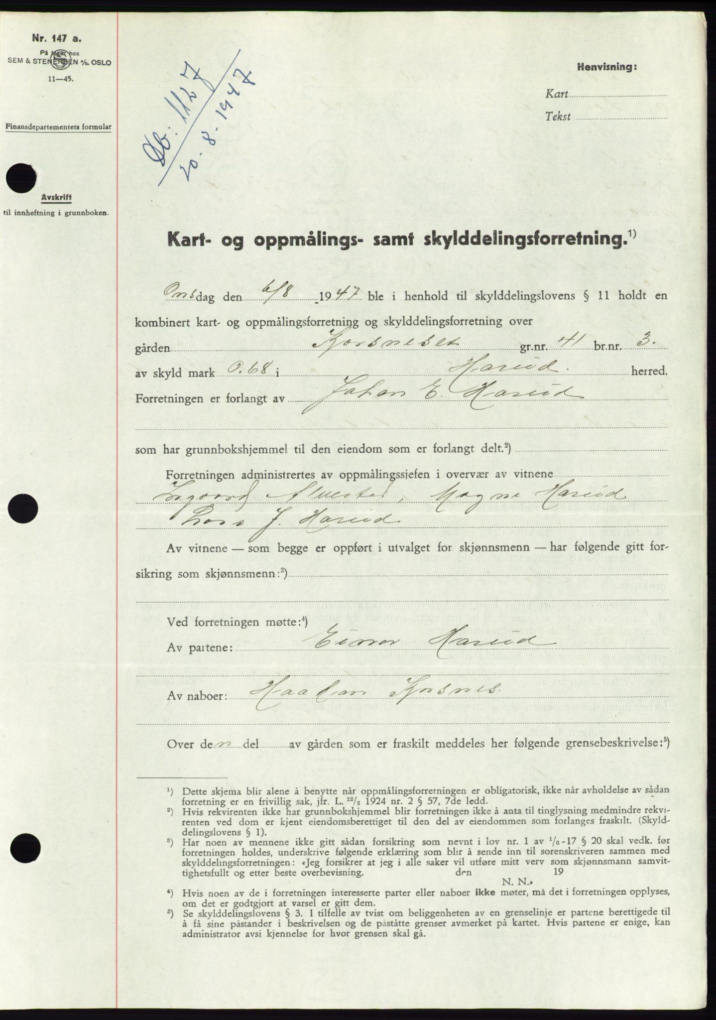 Søre Sunnmøre sorenskriveri, SAT/A-4122/1/2/2C/L0081: Mortgage book no. 7A, 1947-1948, Diary no: : 1127/1947