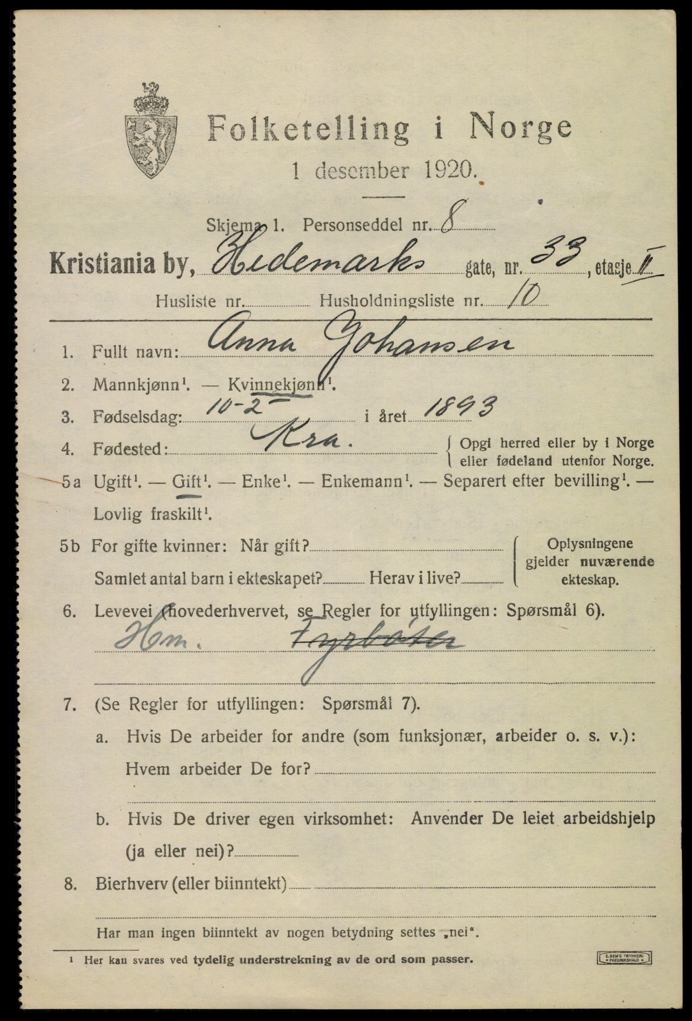 SAO, 1920 census for Kristiania, 1920, p. 278381