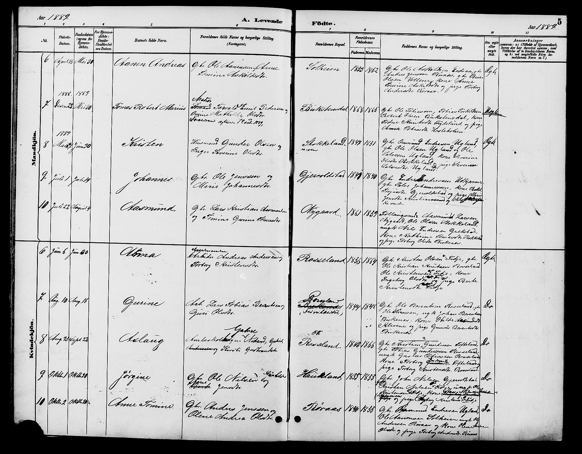 Søgne sokneprestkontor, SAK/1111-0037/F/Fb/Fba/L0004: Parish register (copy) no. B 4, 1888-1903, p. 5