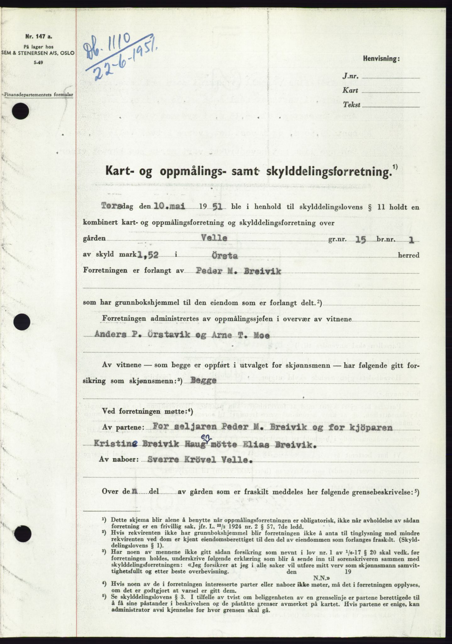 Søre Sunnmøre sorenskriveri, AV/SAT-A-4122/1/2/2C/L0089: Mortgage book no. 15A, 1951-1951, Diary no: : 1110/1951