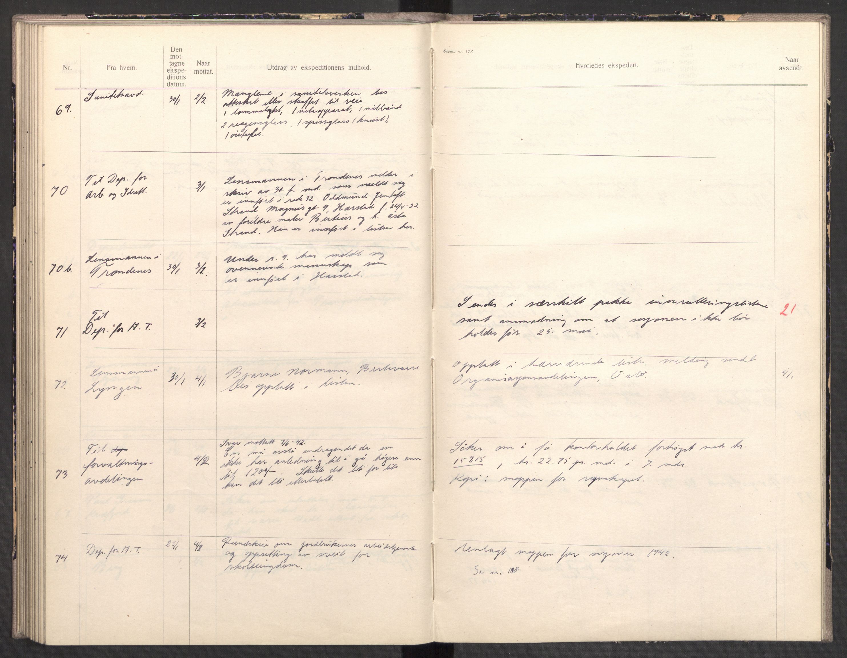 Norges arbeidstjeneste, AV/RA-S-5014/C/Ca/L0001: Journal for utskrivning Nordland og Troms, 1940-1942, p. 158