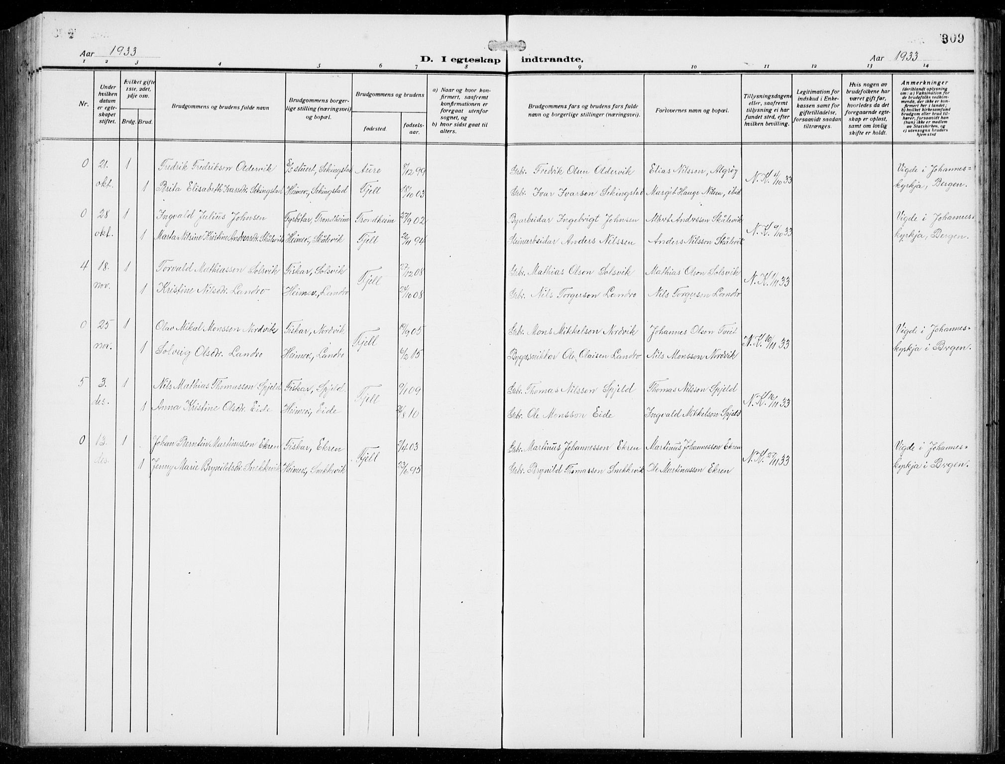 Fjell sokneprestembete, AV/SAB-A-75301/H/Hab: Parish register (copy) no. A  6, 1918-1936, p. 309