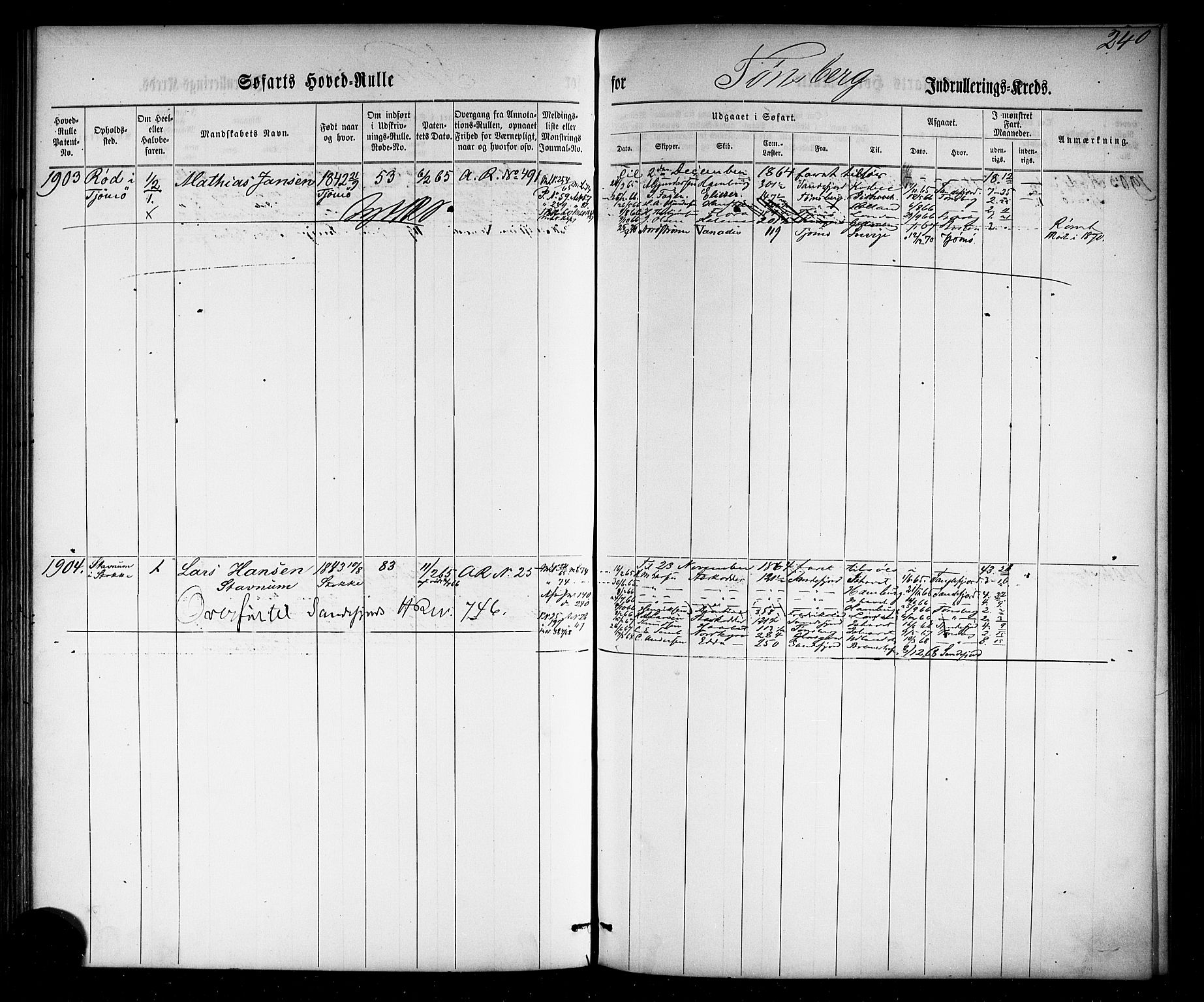 Tønsberg innrulleringskontor, SAKO/A-786/F/Fc/Fca/L0002: Hovedrulle Patent nr. 1429-2133, 1861-1868, p. 279