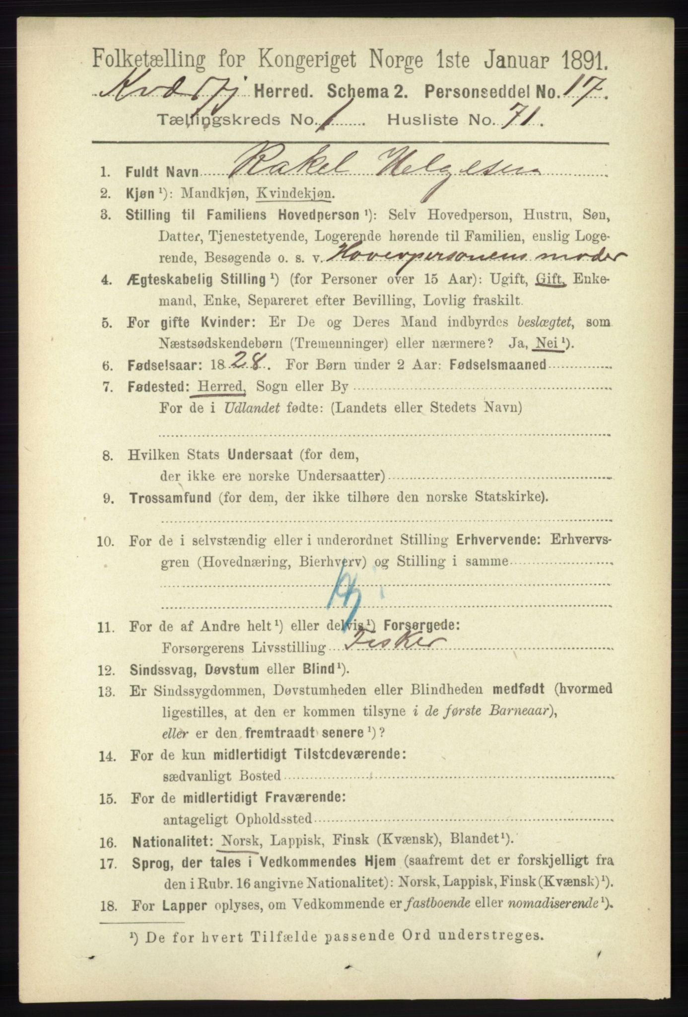 RA, 1891 census for 1911 Kvæfjord, 1891, p. 613