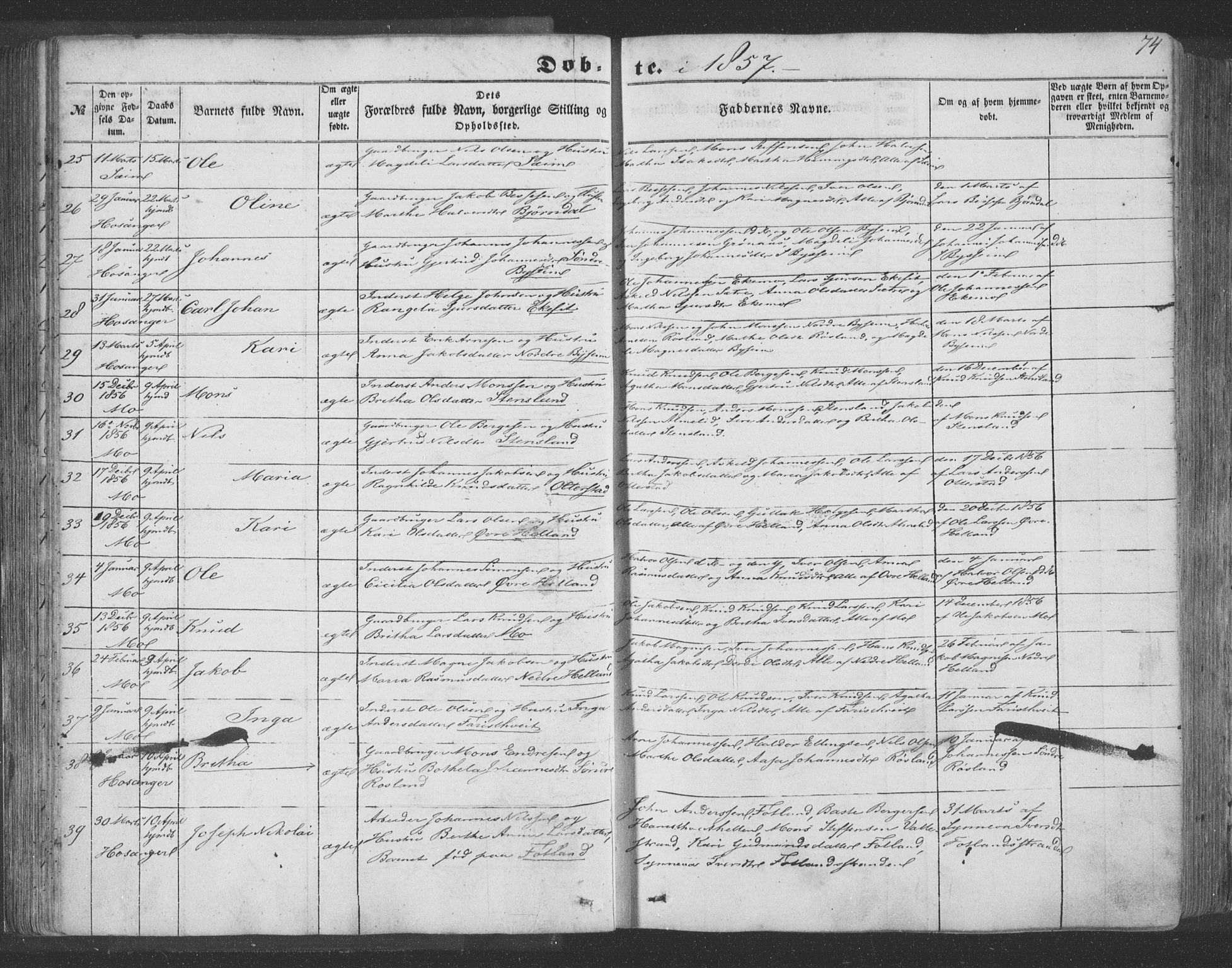 Hosanger sokneprestembete, SAB/A-75801/H/Haa: Parish register (official) no. A 8, 1849-1863, p. 74