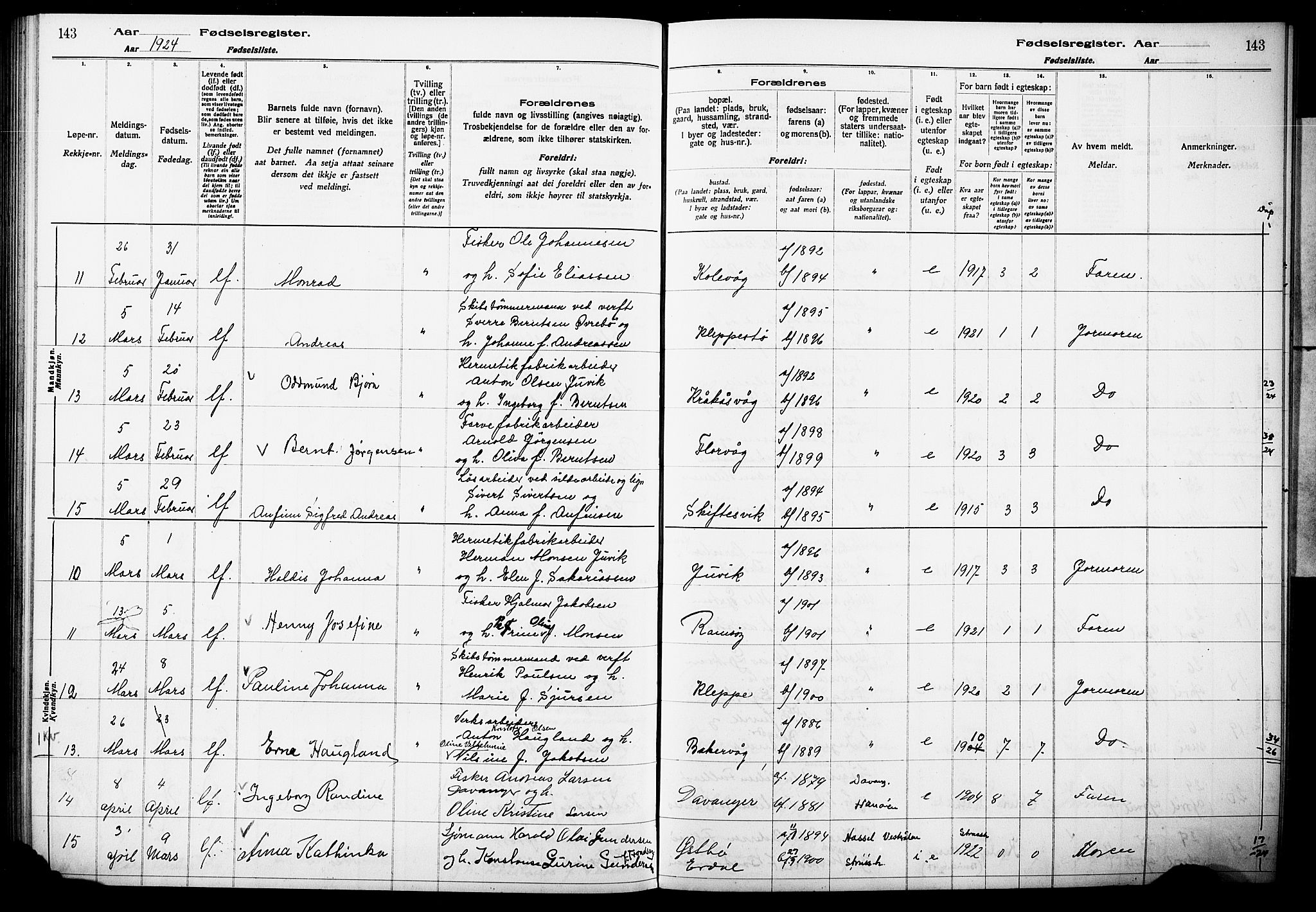 Askøy Sokneprestembete, AV/SAB-A-74101/I/Id/L00A1: Birth register no. A 1, 1916-1928, p. 143