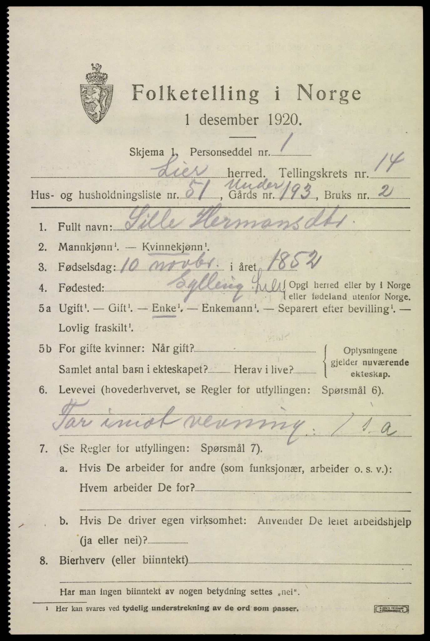 SAKO, 1920 census for Lier, 1920, p. 22604