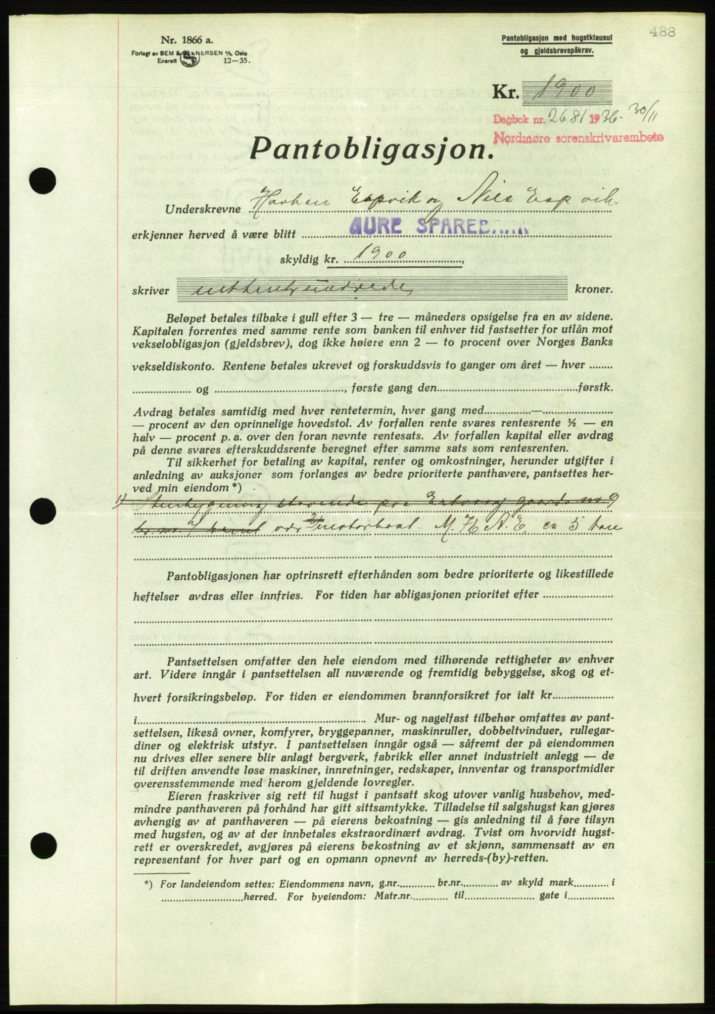 Nordmøre sorenskriveri, AV/SAT-A-4132/1/2/2Ca/L0090: Mortgage book no. B80, 1936-1937, Diary no: : 2681/1936