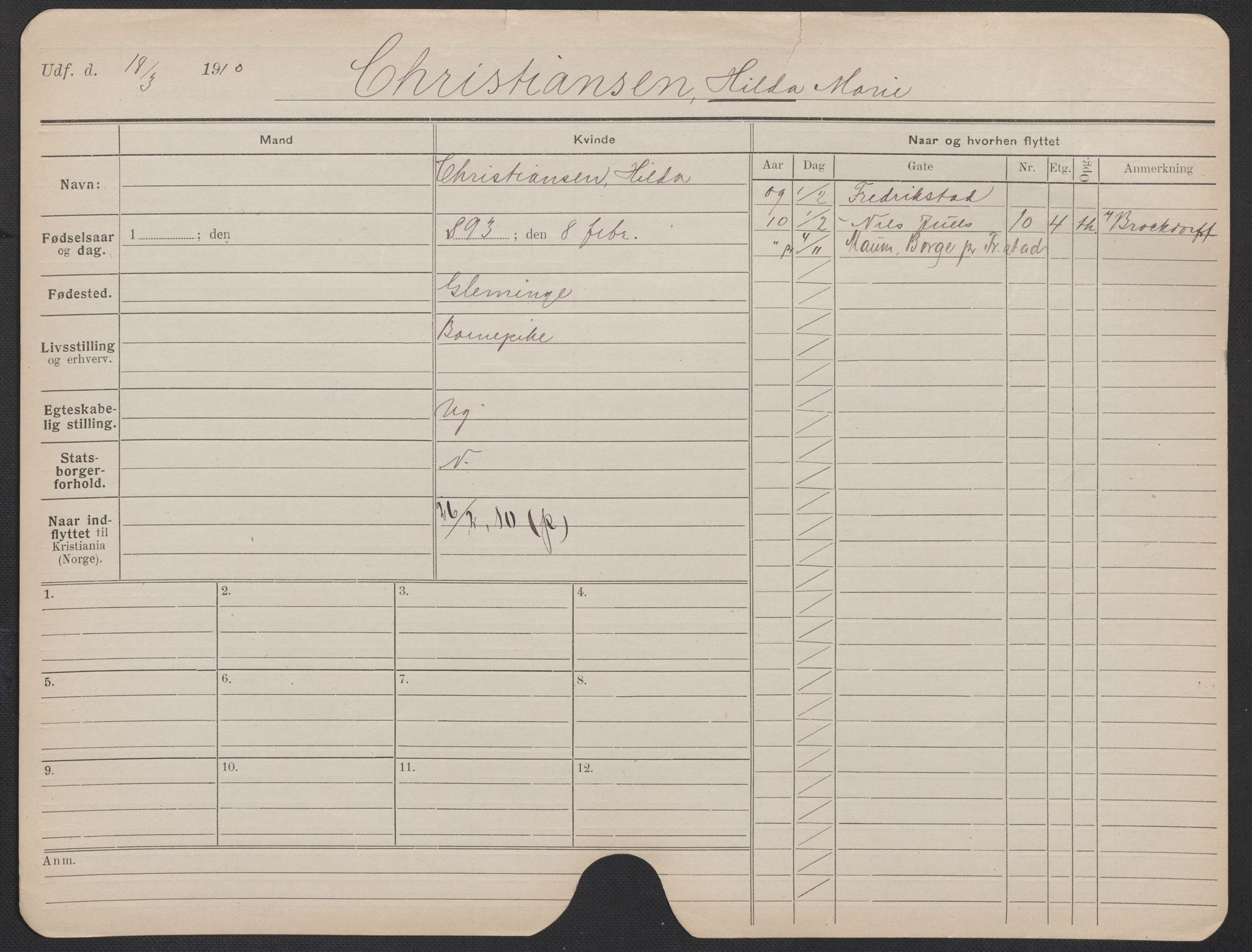 Oslo folkeregister, Registerkort, AV/SAO-A-11715/F/Fa/Fac/L0019: Kvinner, 1906-1914, p. 303a