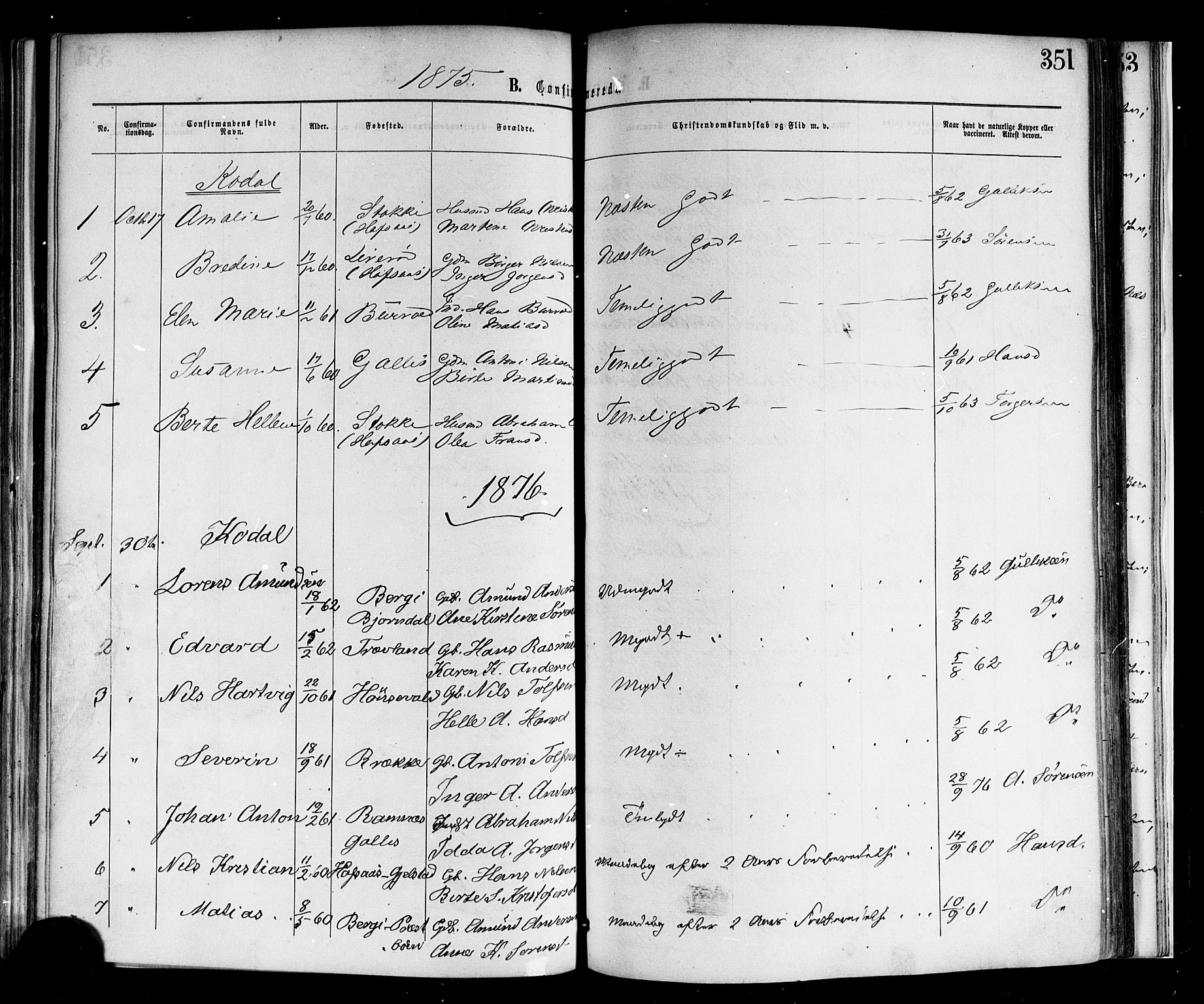 Andebu kirkebøker, SAKO/A-336/F/Fa/L0006: Parish register (official) no. 6, 1871-1878, p. 351
