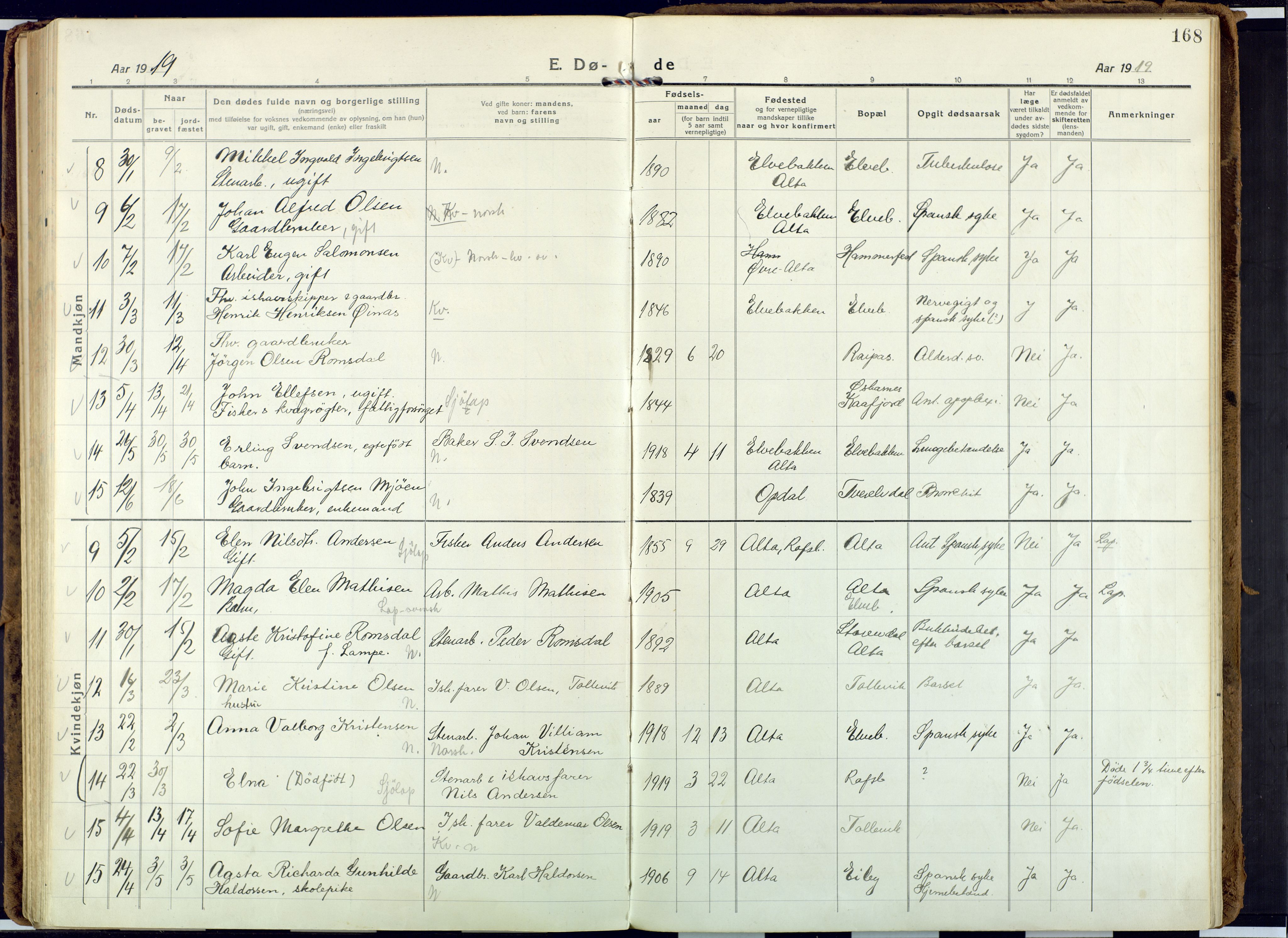 Alta sokneprestkontor, SATØ/S-1338/H/Ha: Parish register (official) no. 6, 1918-1931, p. 168