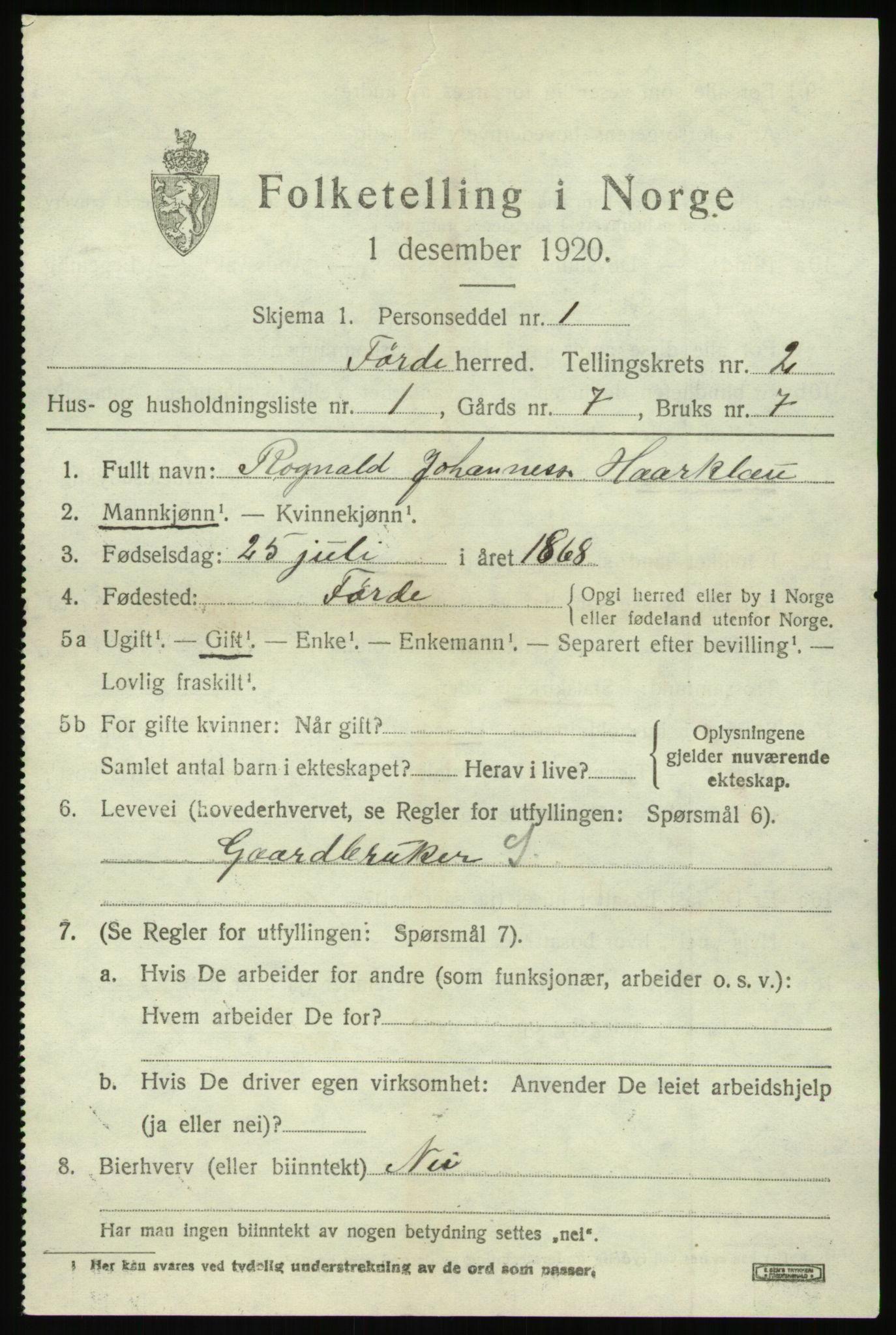 SAB, 1920 census for Førde, 1920, p. 1416